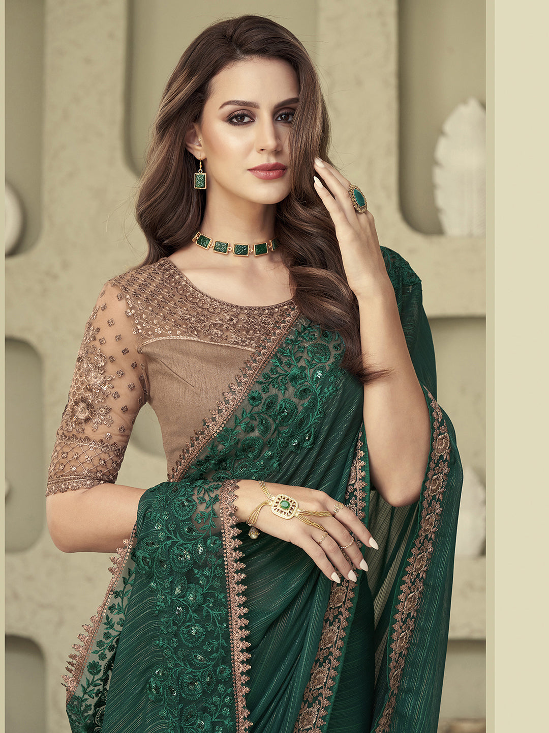 Georgette Green Embellished Designer Saree With Blouse