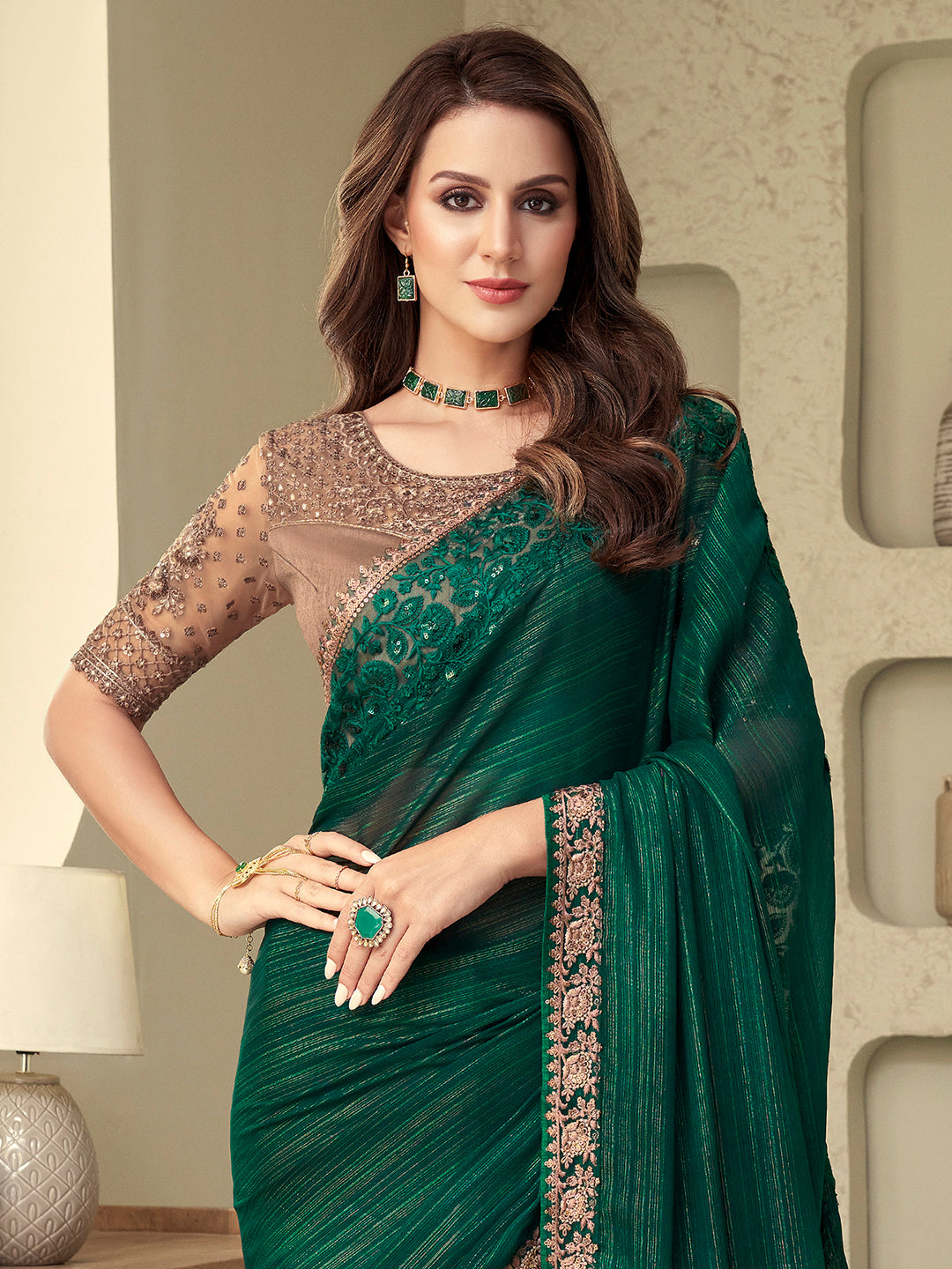 Georgette Green Embellished Designer Saree With Blouse