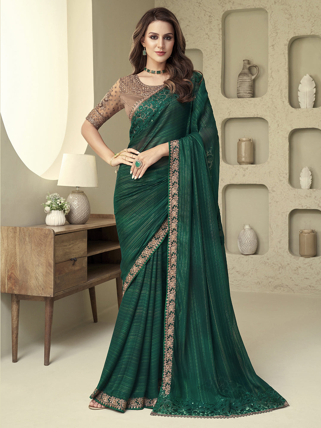 Georgette Green Embellished Designer Saree With Blouse