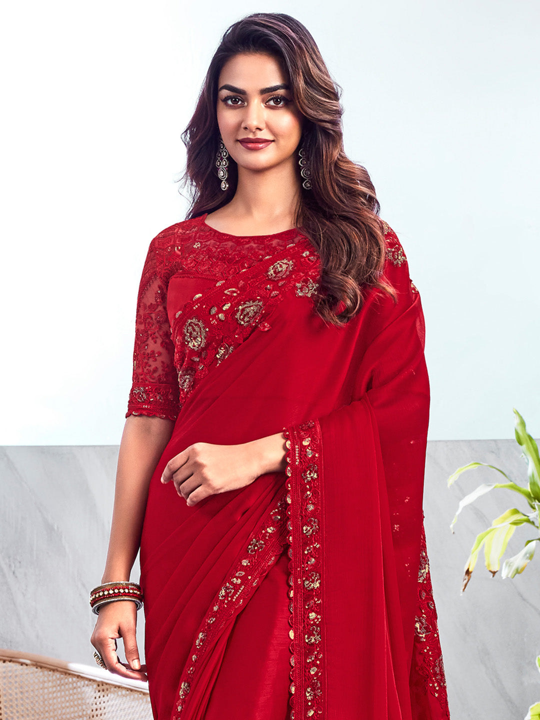 Chiffon Red Embellished Designer Saree With Blouse