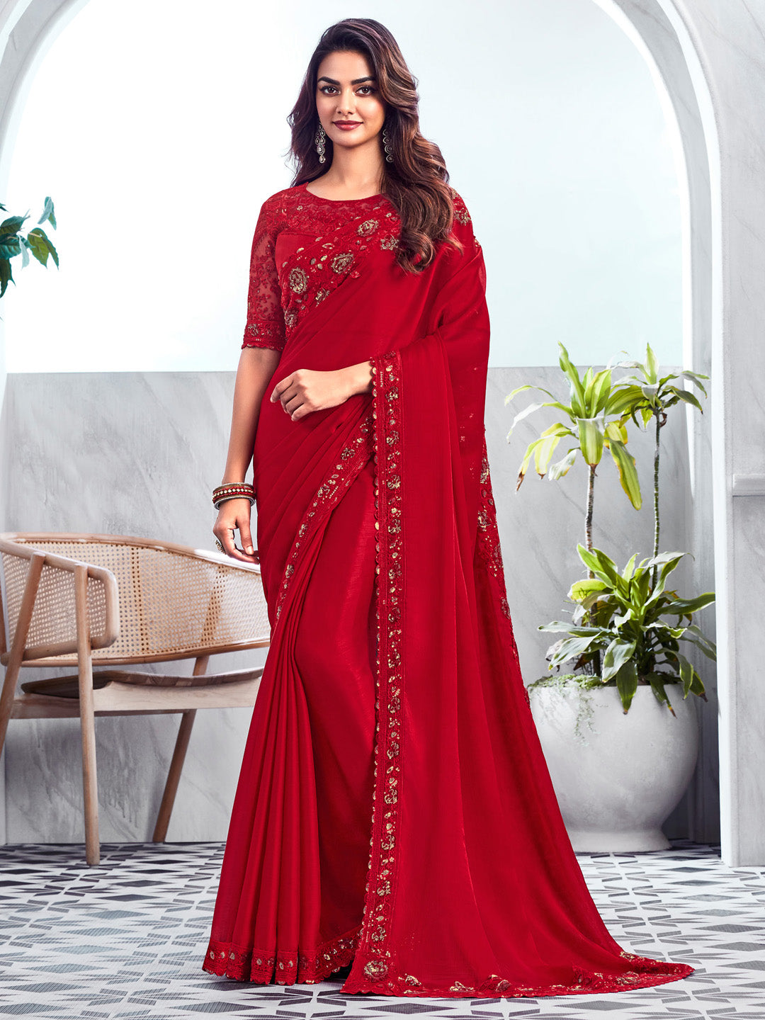 Chiffon Red Embellished Designer Saree With Blouse