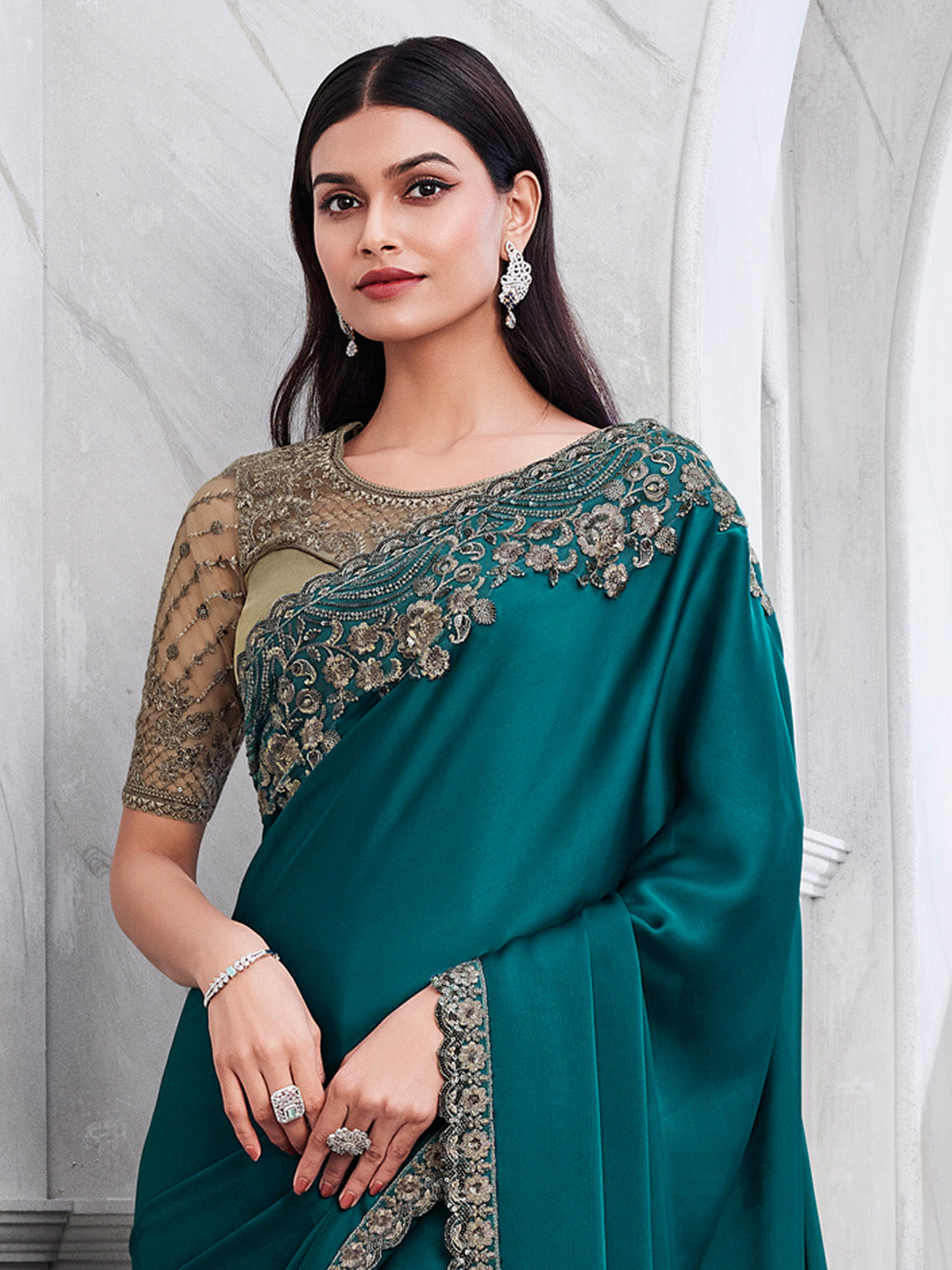 Satin Silk Teal blue Embellished Designer Saree With Blouse