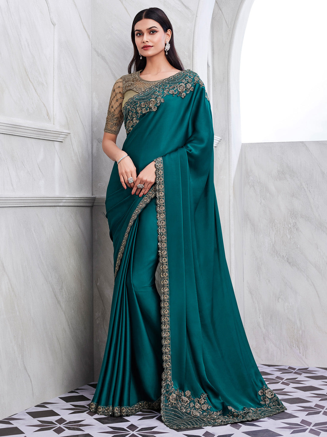 Satin Silk Teal blue Embellished Designer Saree With Blouse