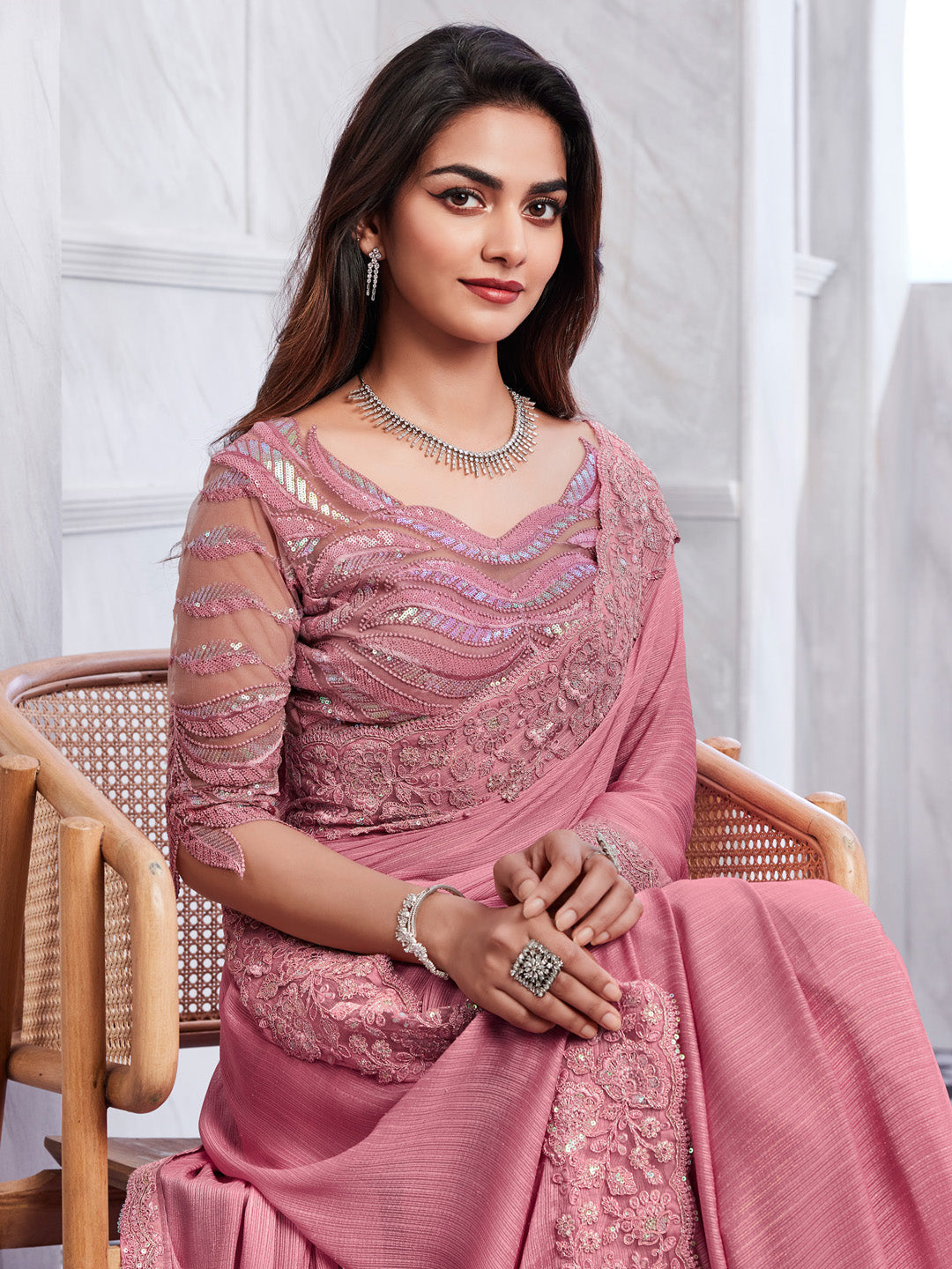 Georgette Pink Embellished Designer Saree With Blouse