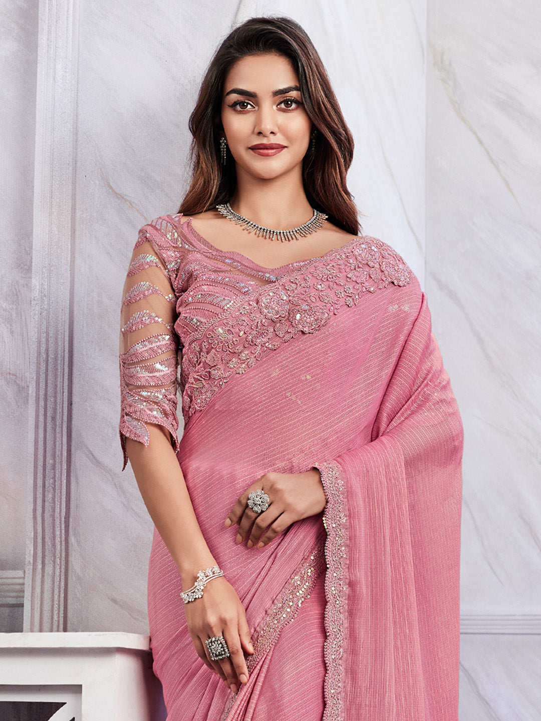 Georgette Pink Embellished Designer Saree With Blouse