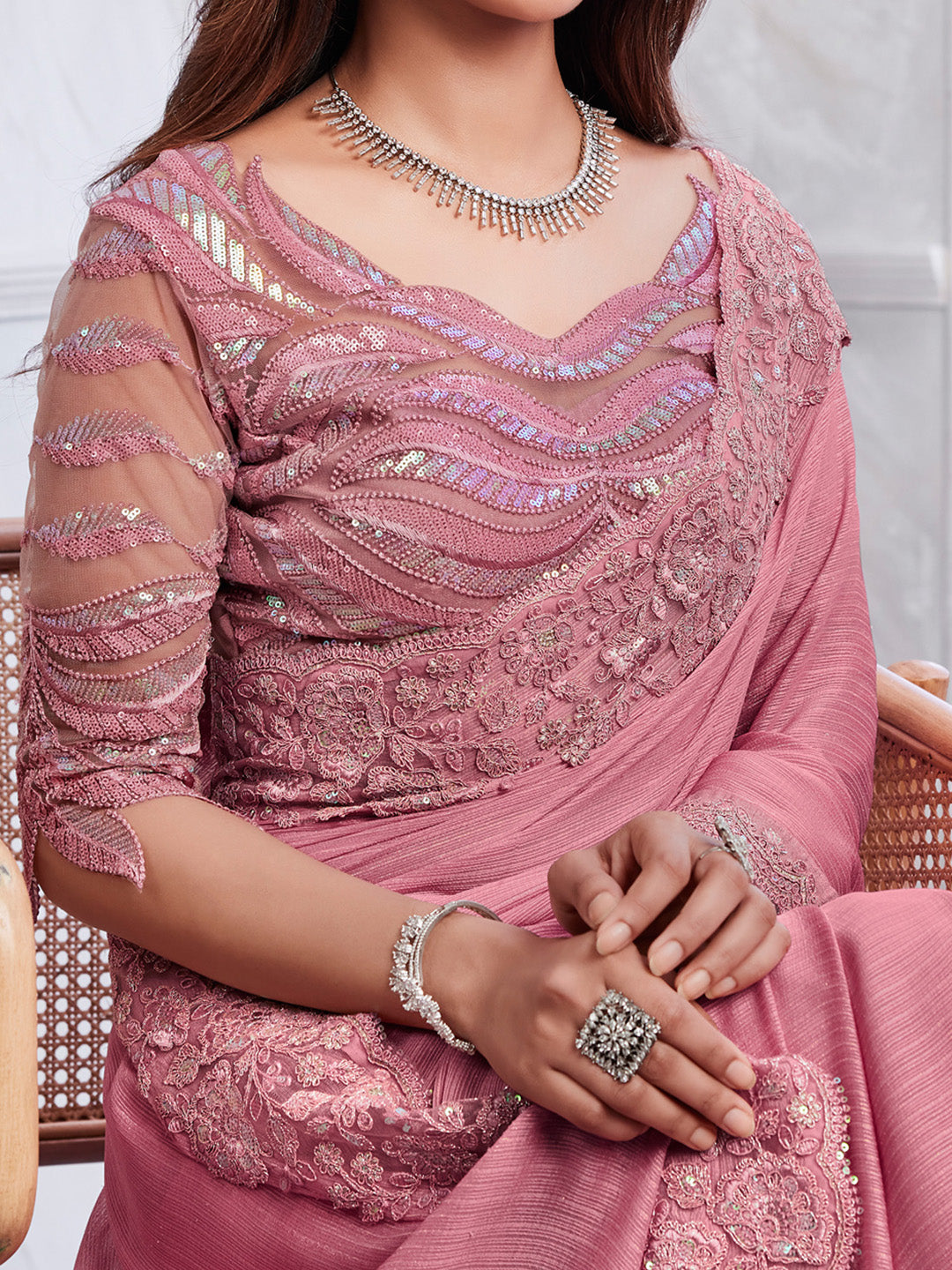 Georgette Pink Embellished Designer Saree With Blouse