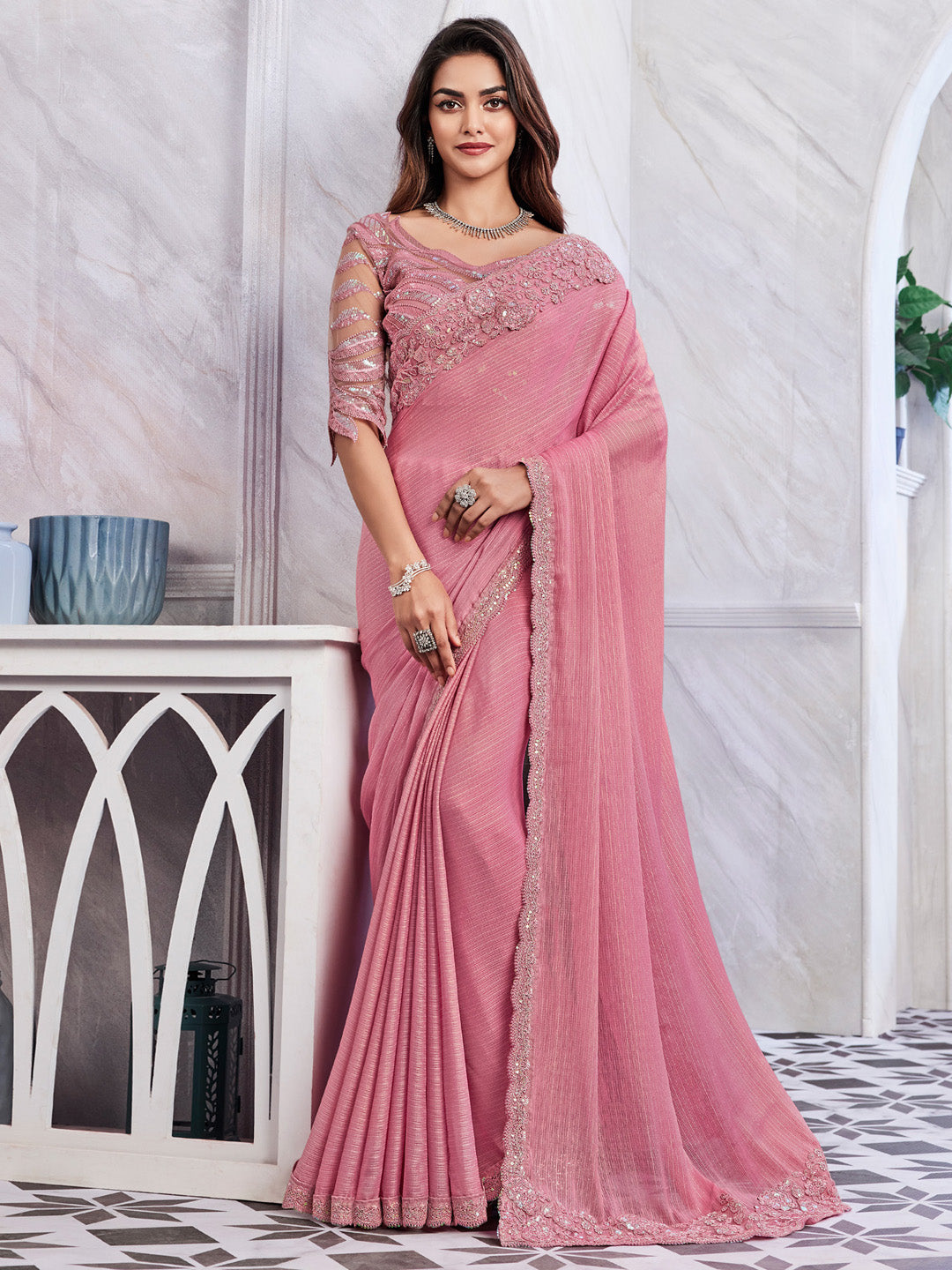 Georgette Pink Embellished Designer Saree With Blouse