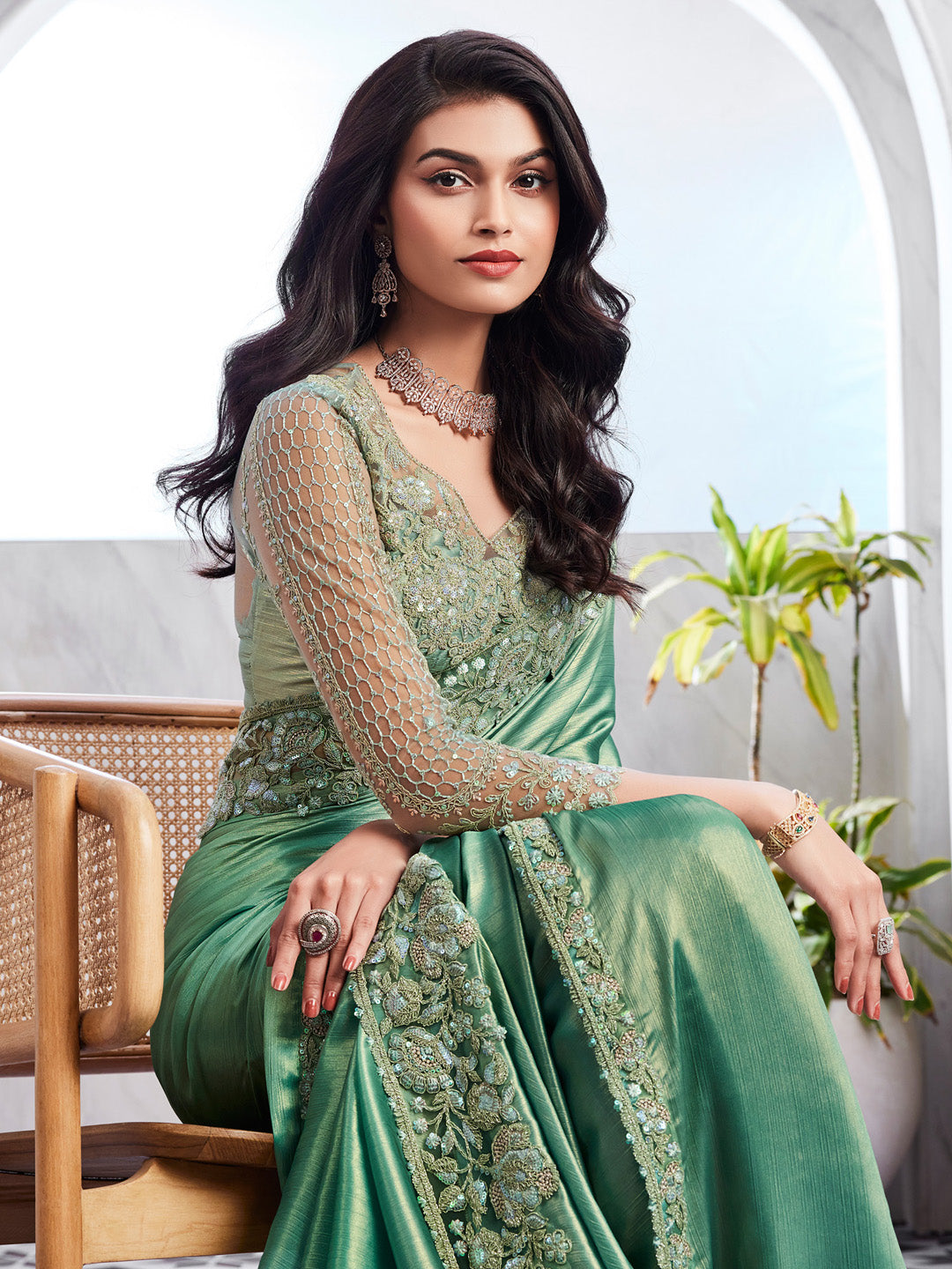 Chiffon Sea Green Embellished Designer Saree With Blouse