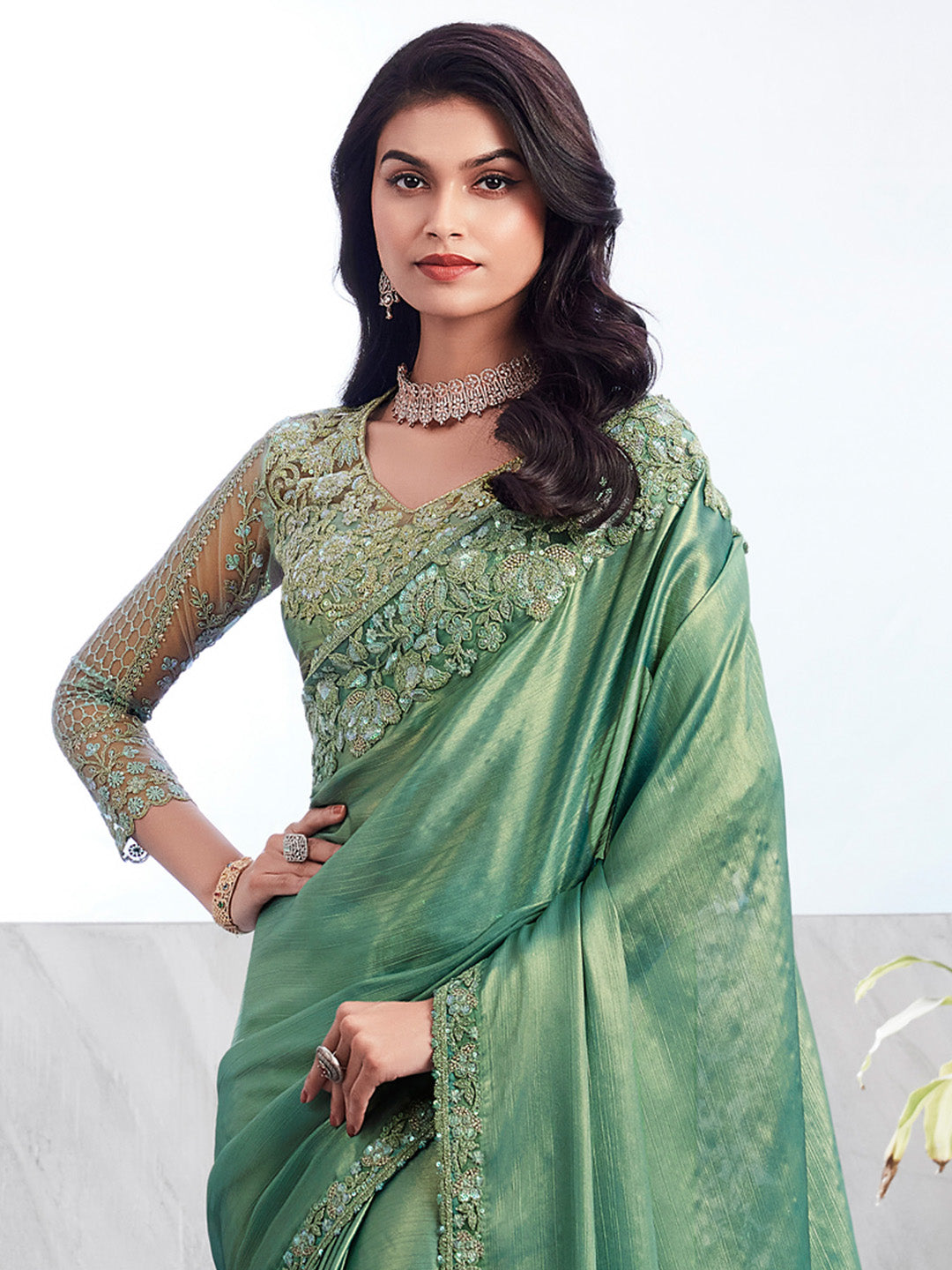 Chiffon Sea Green Embellished Designer Saree With Blouse