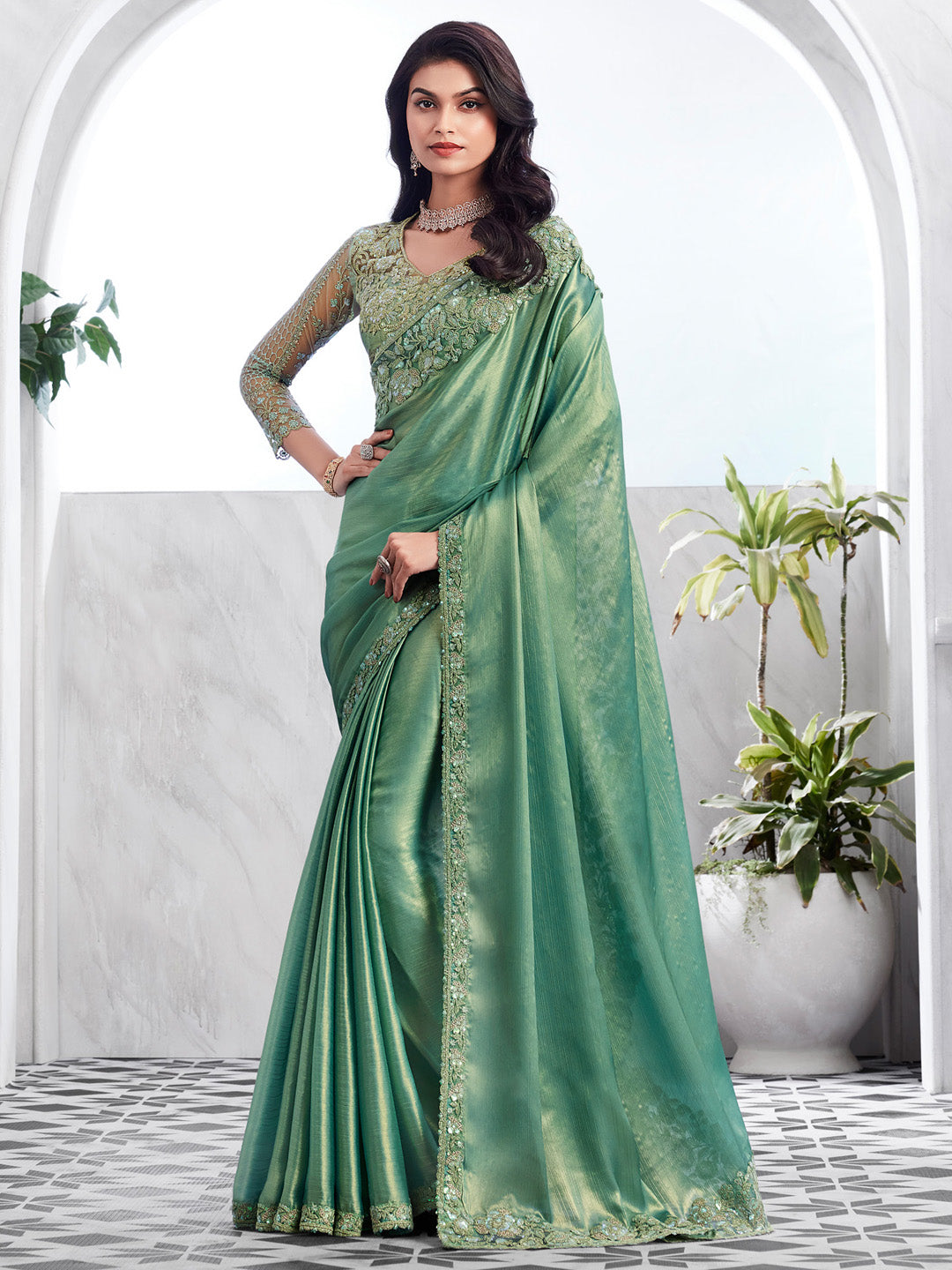 Chiffon Sea Green Embellished Designer Saree With Blouse