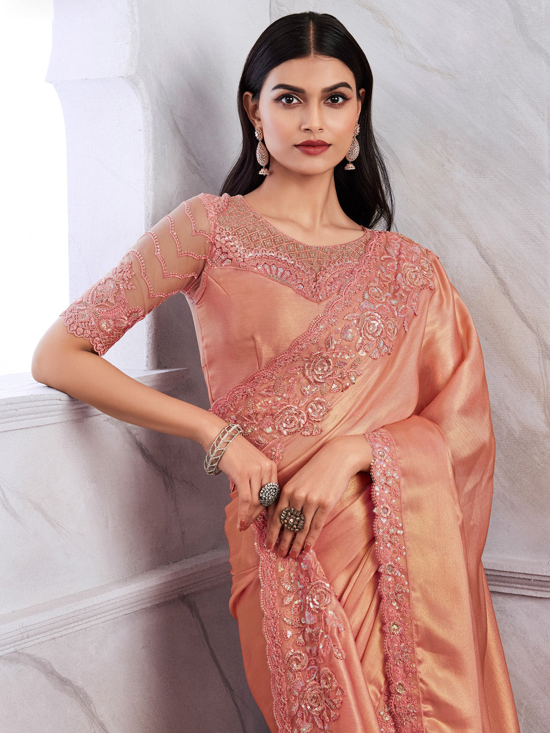 Chiffon Peach Embellished Designer Saree With Blouse