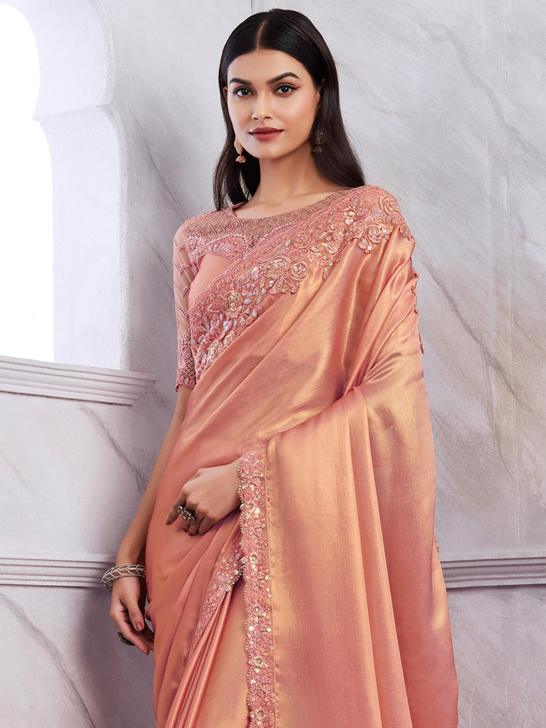 Chiffon Peach Embellished Designer Saree With Blouse