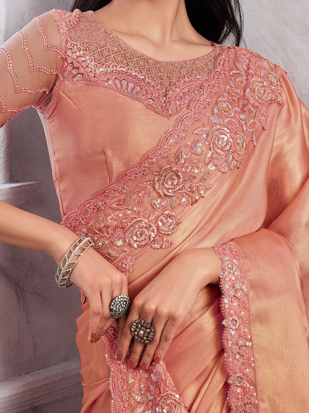 Chiffon Peach Embellished Designer Saree With Blouse