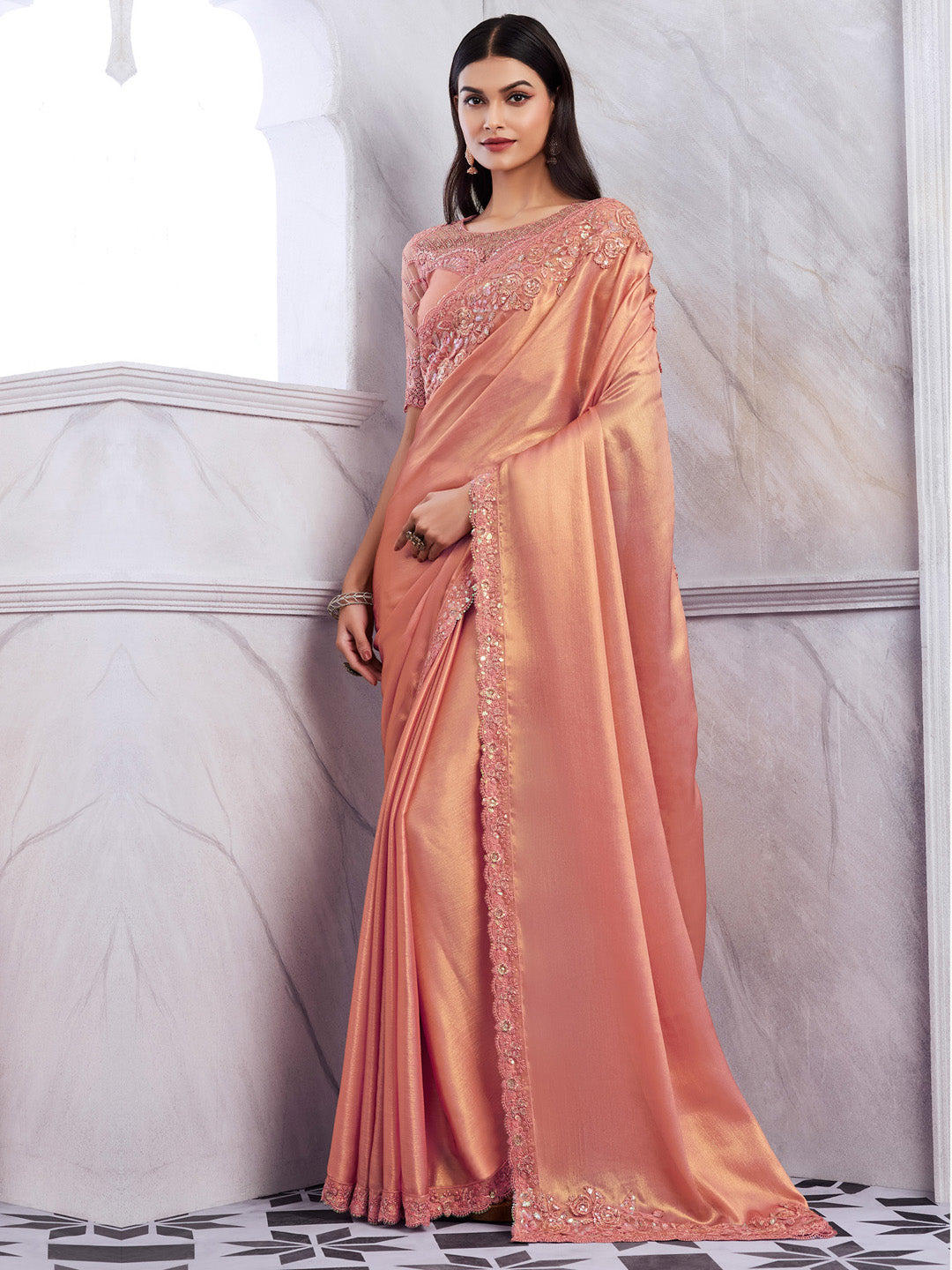 Chiffon Peach Embellished Designer Saree With Blouse