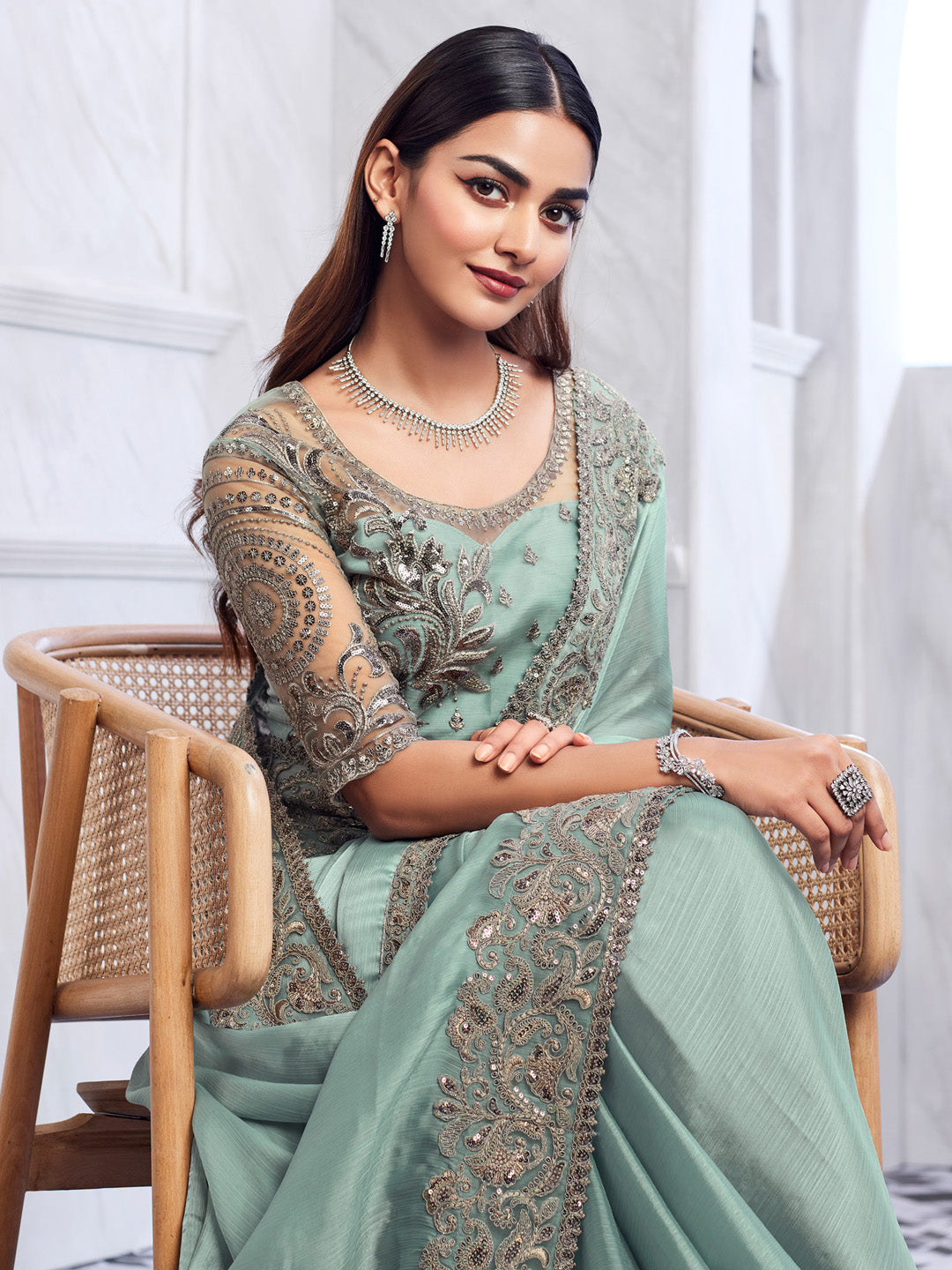 Chiffon Sea Green Embellished Designer Saree With Blouse