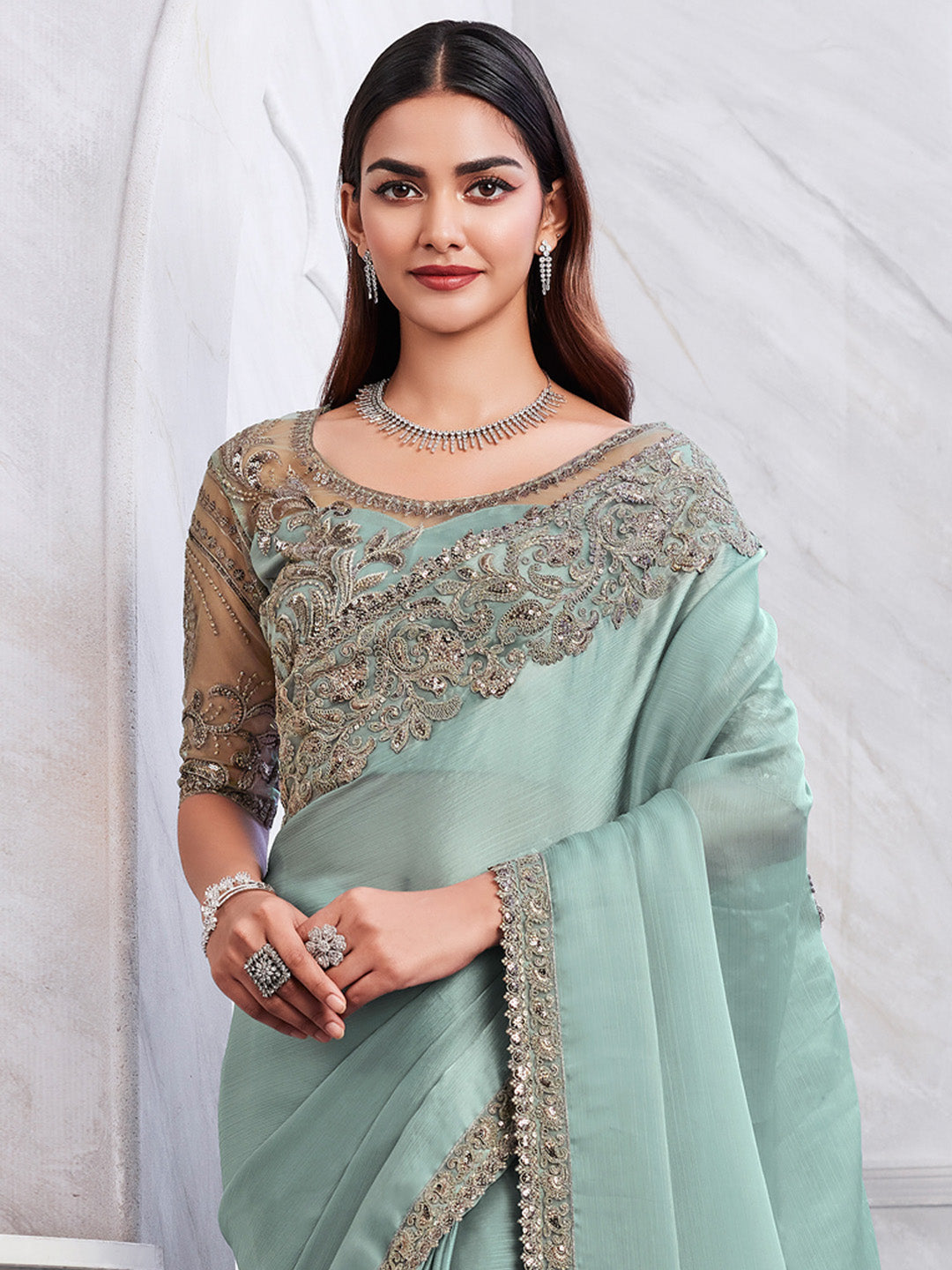 Chiffon Sea Green Embellished Designer Saree With Blouse