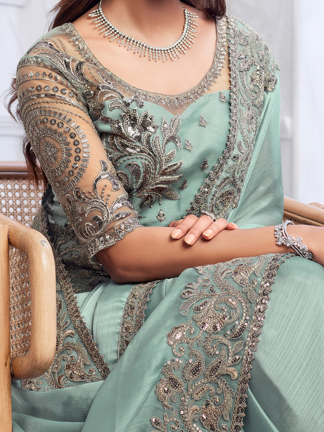 Chiffon Sea Green Embellished Designer Saree With Blouse