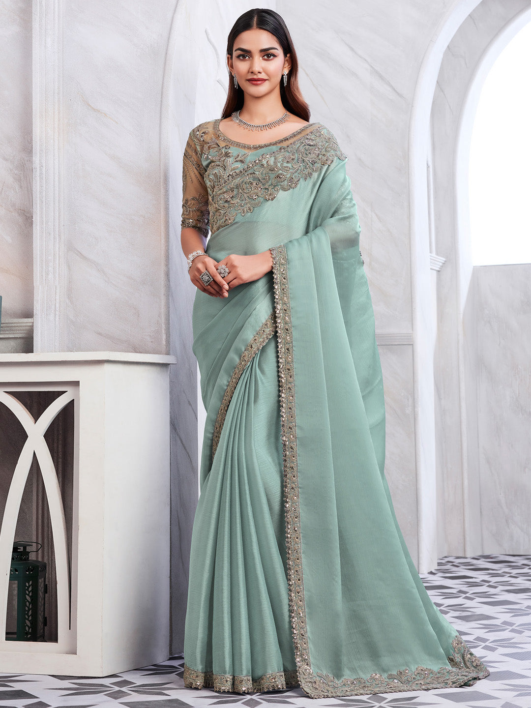 Chiffon Sea Green Embellished Designer Saree With Blouse