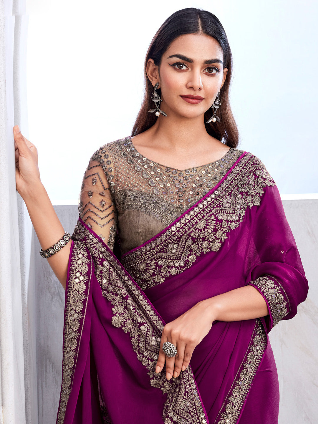 Satin Silk Magenta Embellished Designer Saree With Blouse