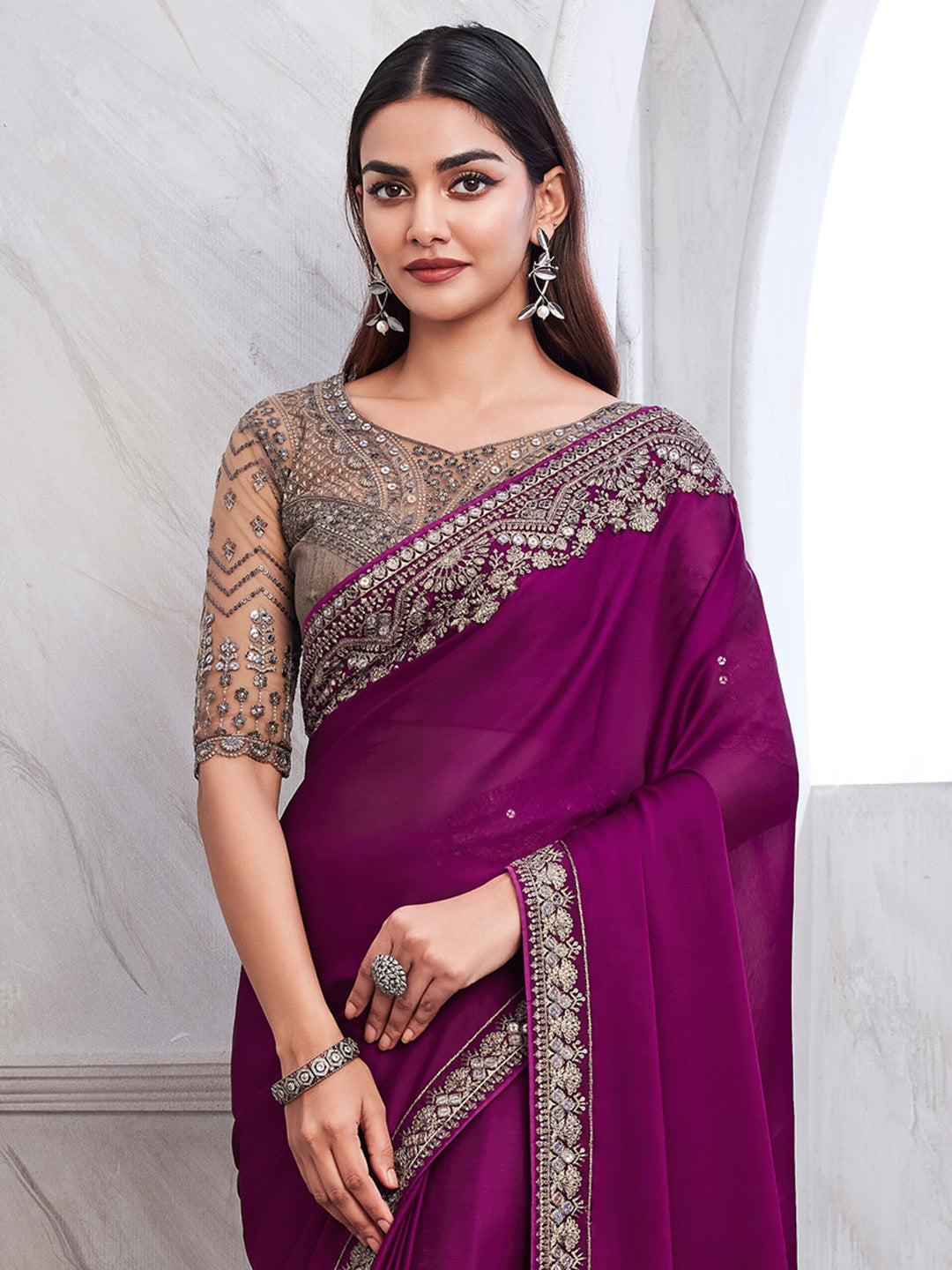 Satin Silk Magenta Embellished Designer Saree With Blouse