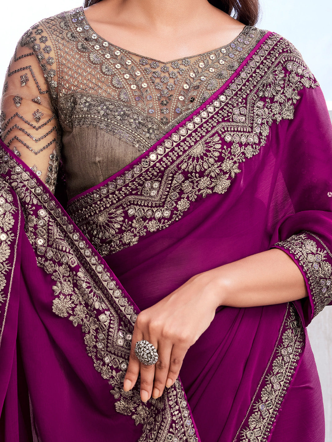 Satin Silk Magenta Embellished Designer Saree With Blouse