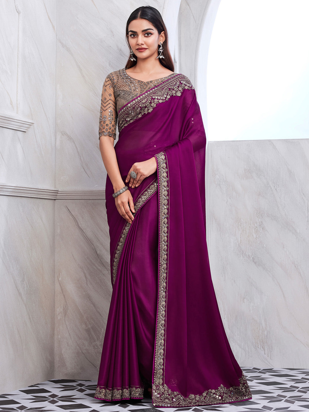 Satin Silk Magenta Embellished Designer Saree With Blouse