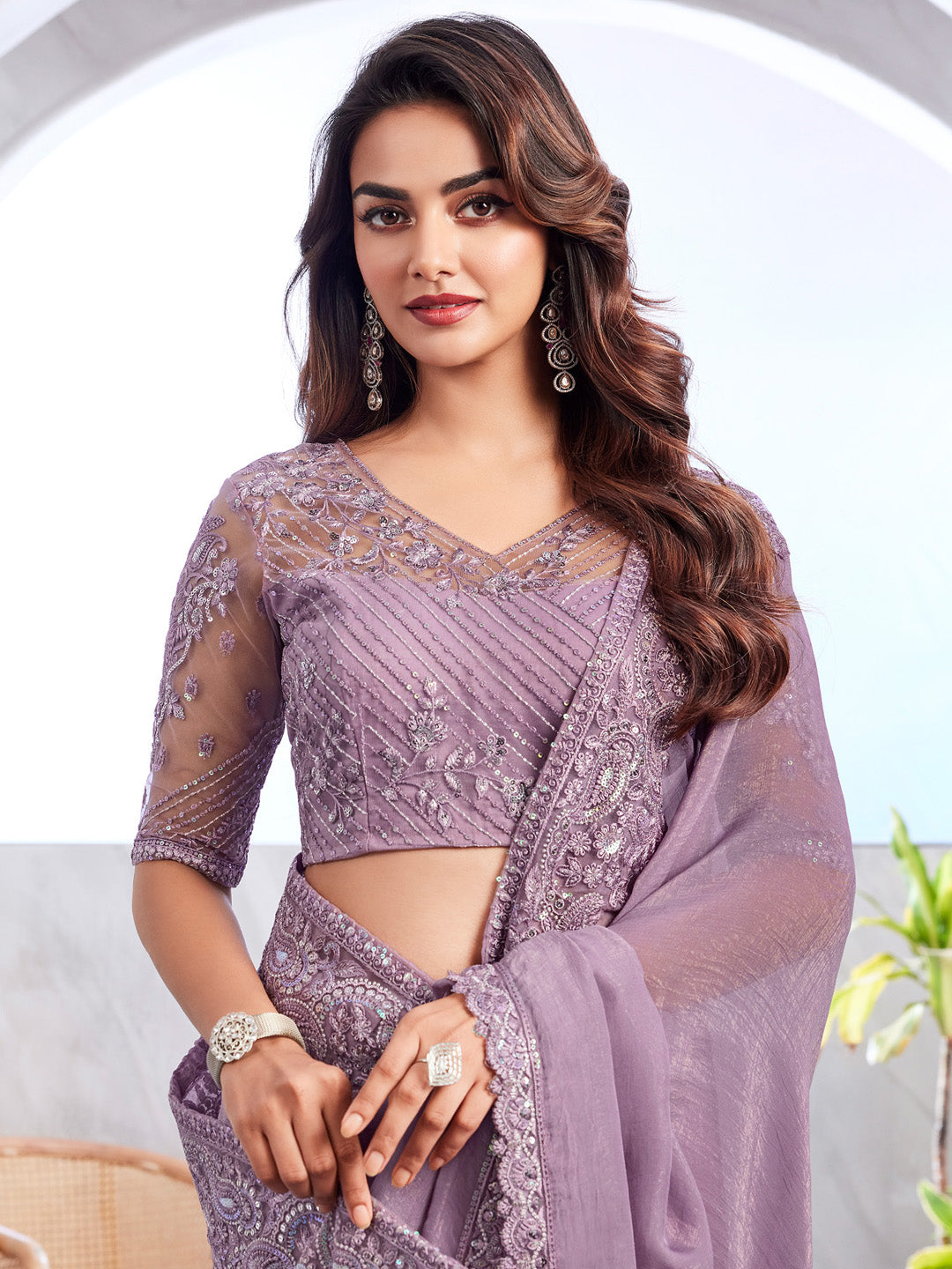 Georgette Mauve Embellished Designer Saree With Blouse