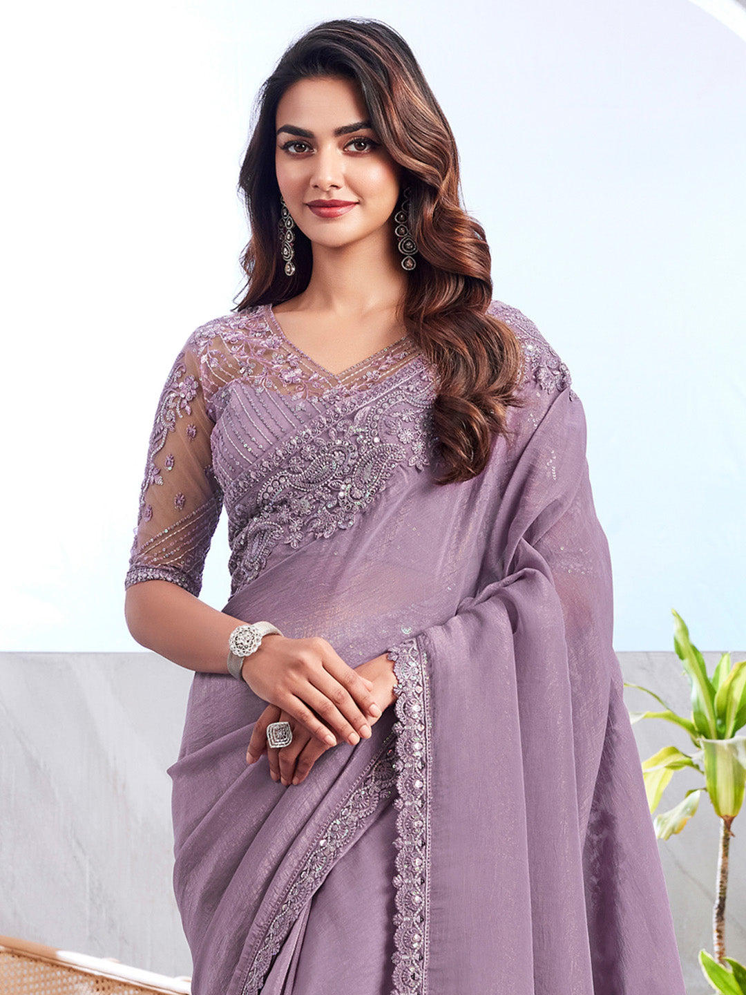 Georgette Mauve Embellished Designer Saree With Blouse