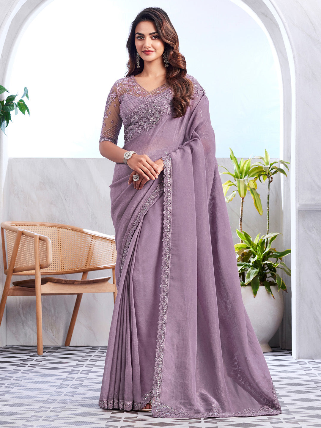 Georgette Mauve Embellished Designer Saree With Blouse