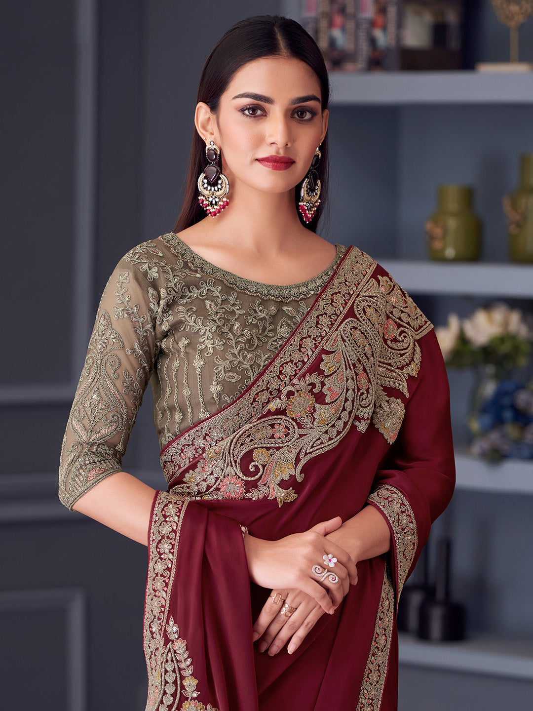 Satin Gold Embellished Designer Saree With Blouse