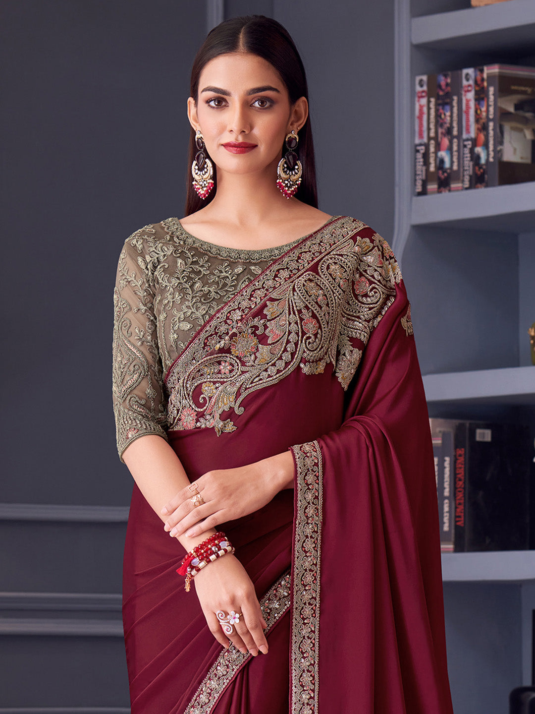 Satin Gold Embellished Designer Saree With Blouse
