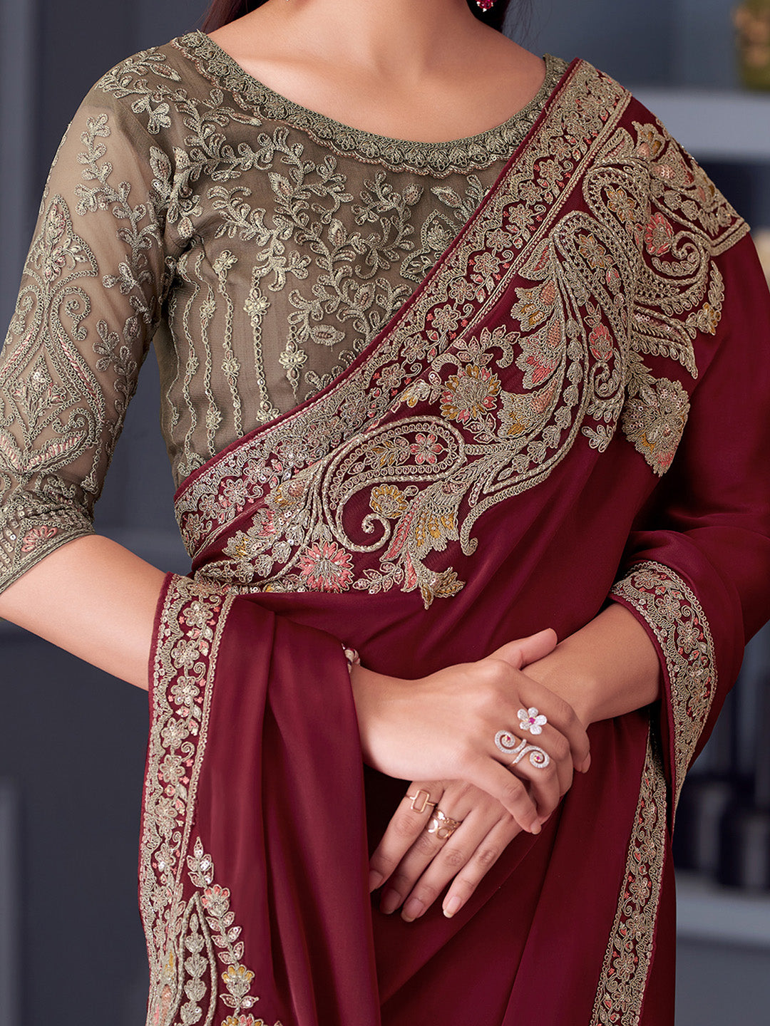 Satin Gold Embellished Designer Saree With Blouse