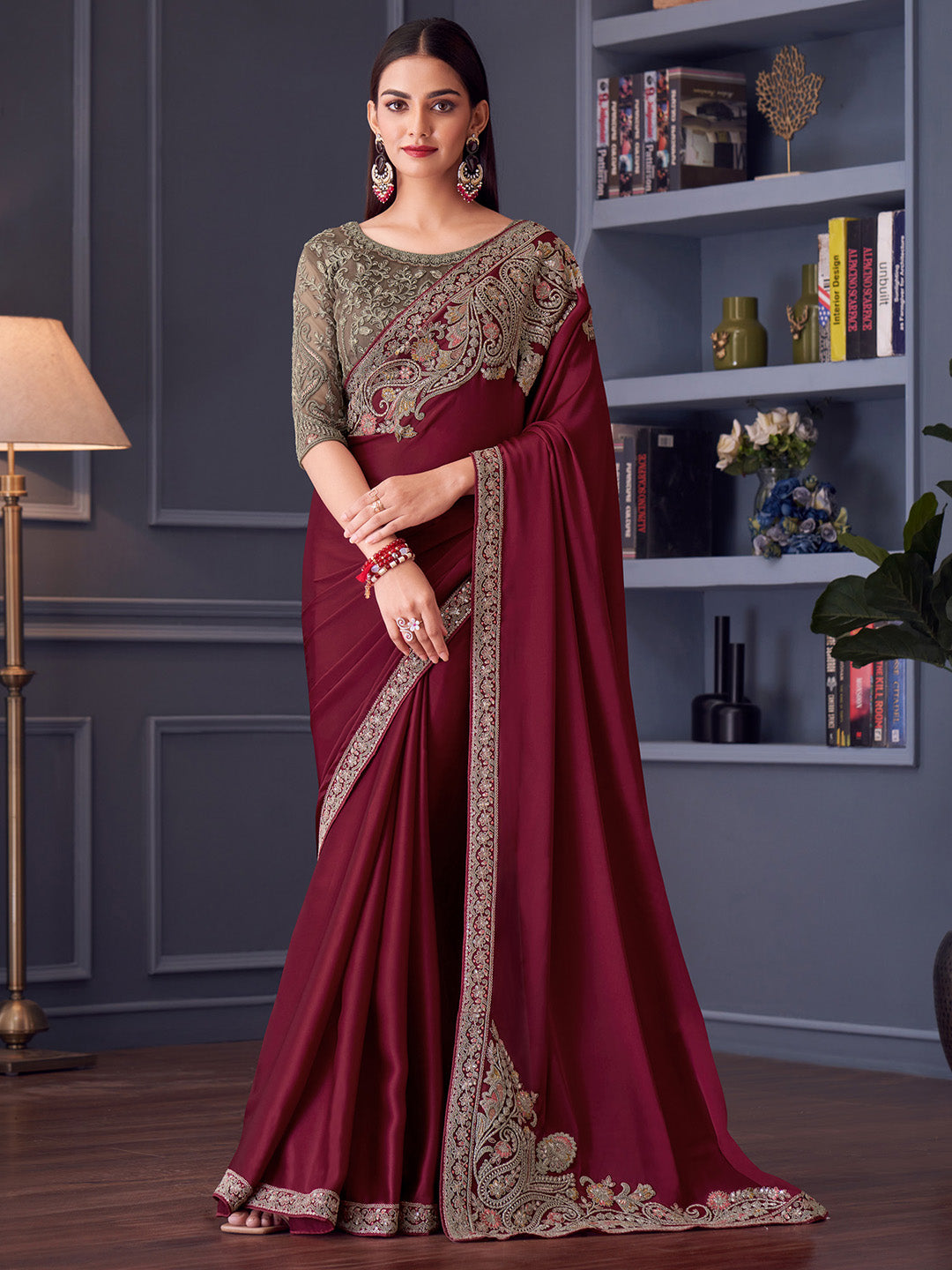 Satin Gold Embellished Designer Saree With Blouse