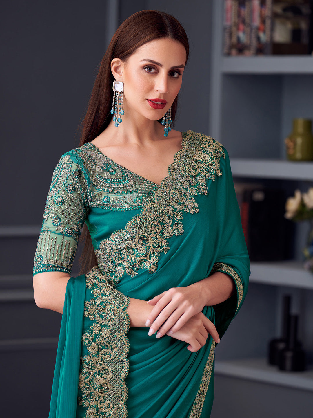Pure Chiffon Blue Embellished Designer Saree With Blouse