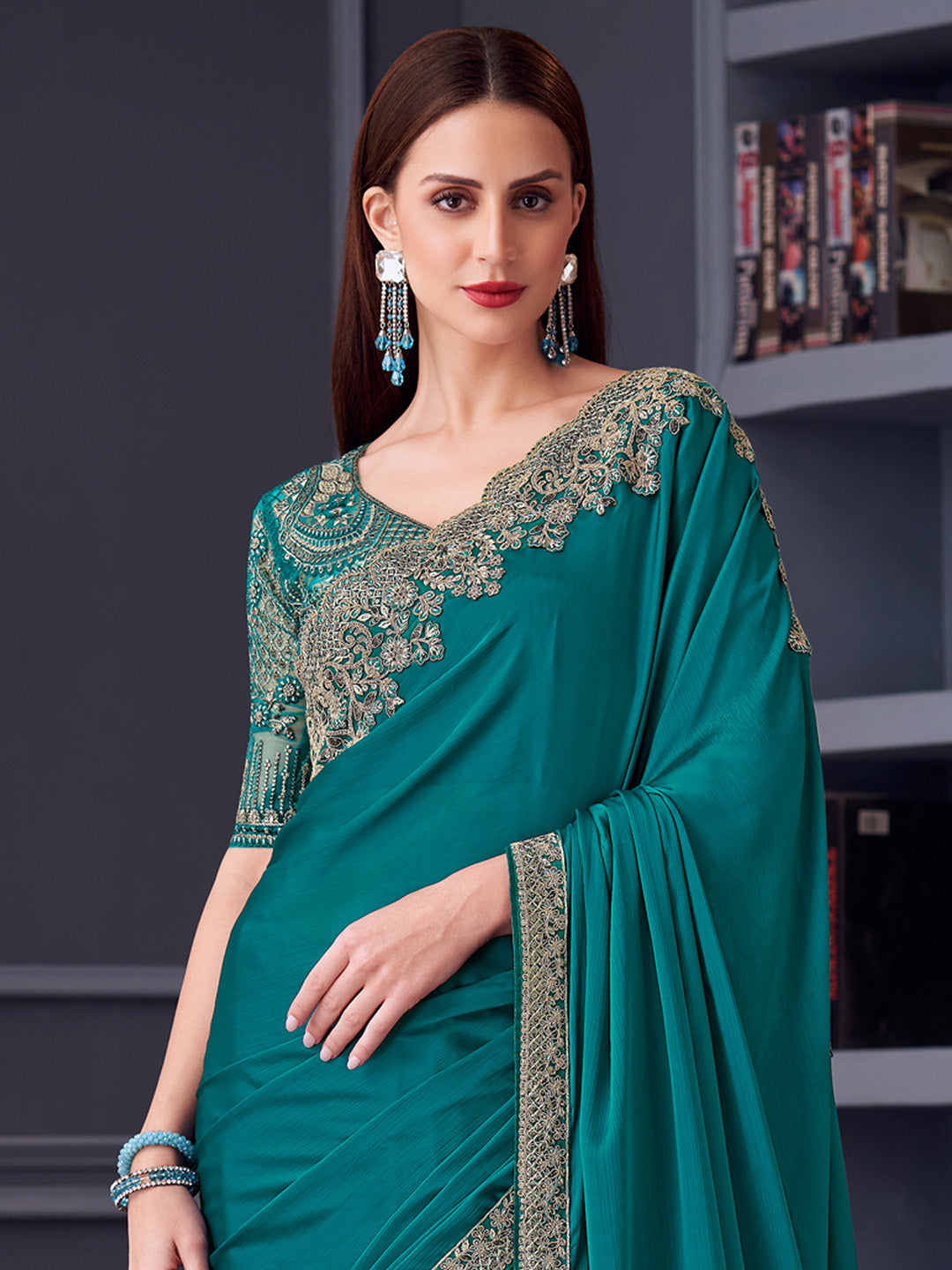Pure Chiffon Blue Embellished Designer Saree With Blouse