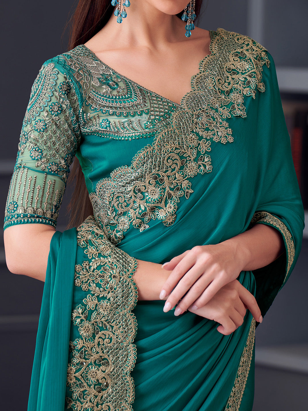 Pure Chiffon Blue Embellished Designer Saree With Blouse