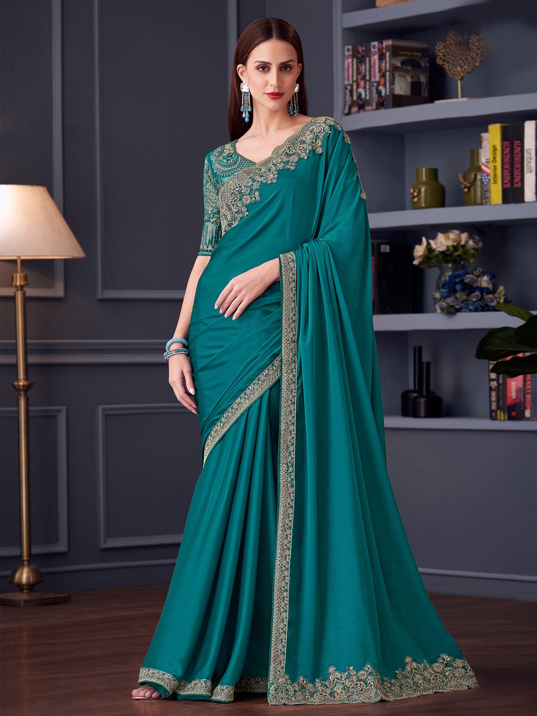 Pure Chiffon Blue Embellished Designer Saree With Blouse