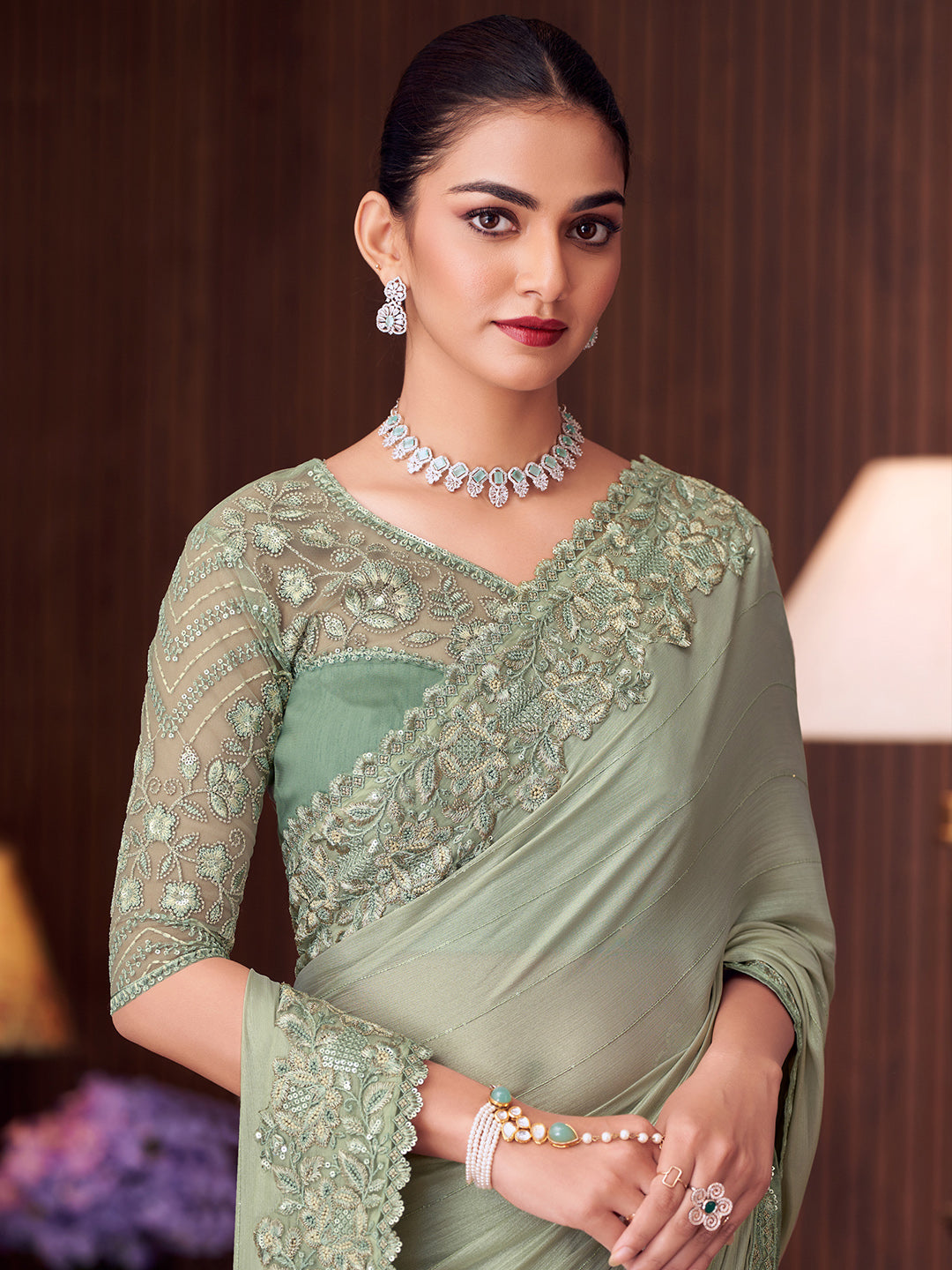 Pure Chiffon Light Green Embellished Designer Saree With Blouse