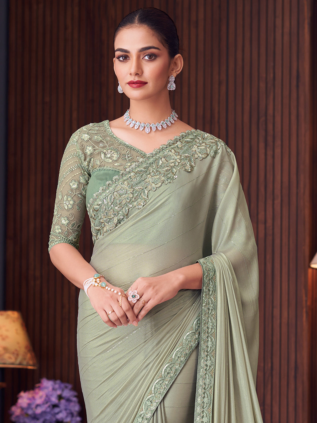 Pure Chiffon Light Green Embellished Designer Saree With Blouse