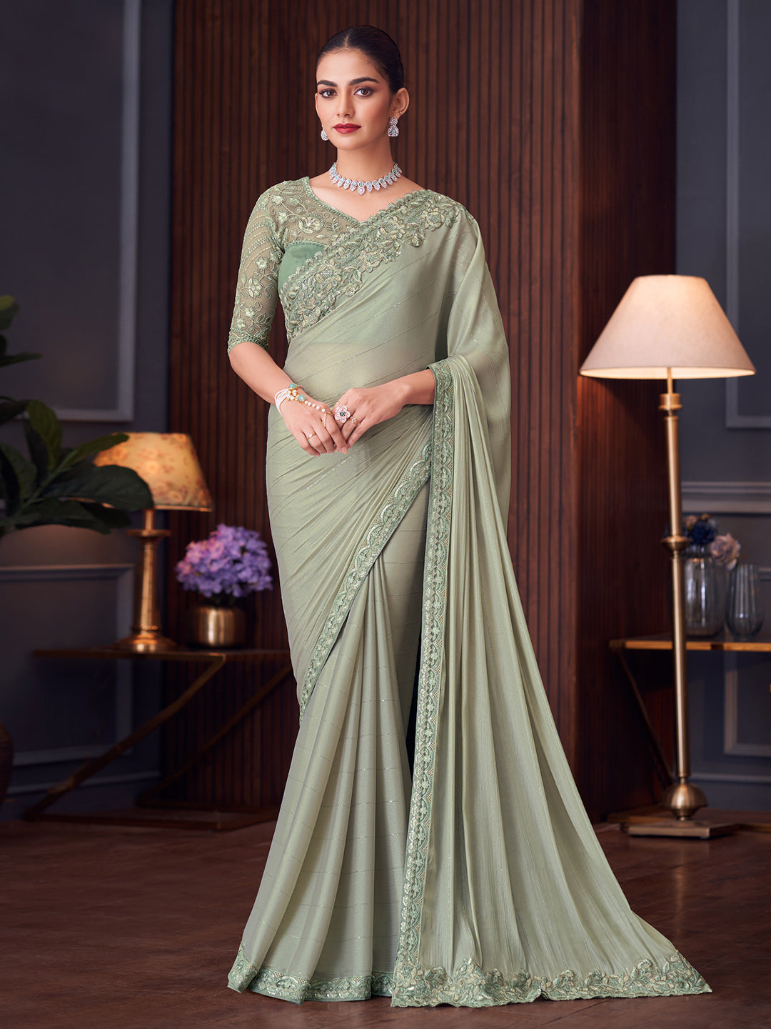 Pure Chiffon Light Green Embellished Designer Saree With Blouse