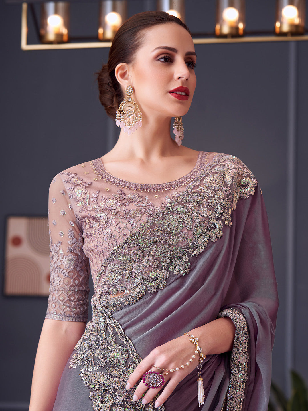Pure Chiffon Mauve Embellished Designer Saree With Blouse