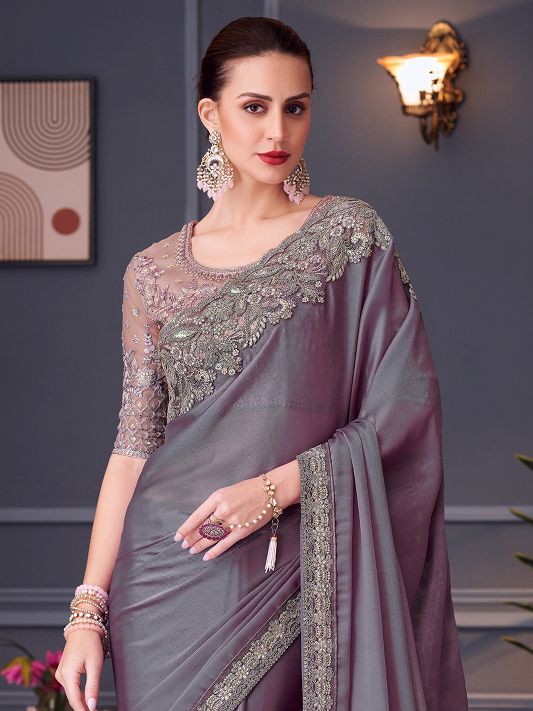 Pure Chiffon Mauve Embellished Designer Saree With Blouse