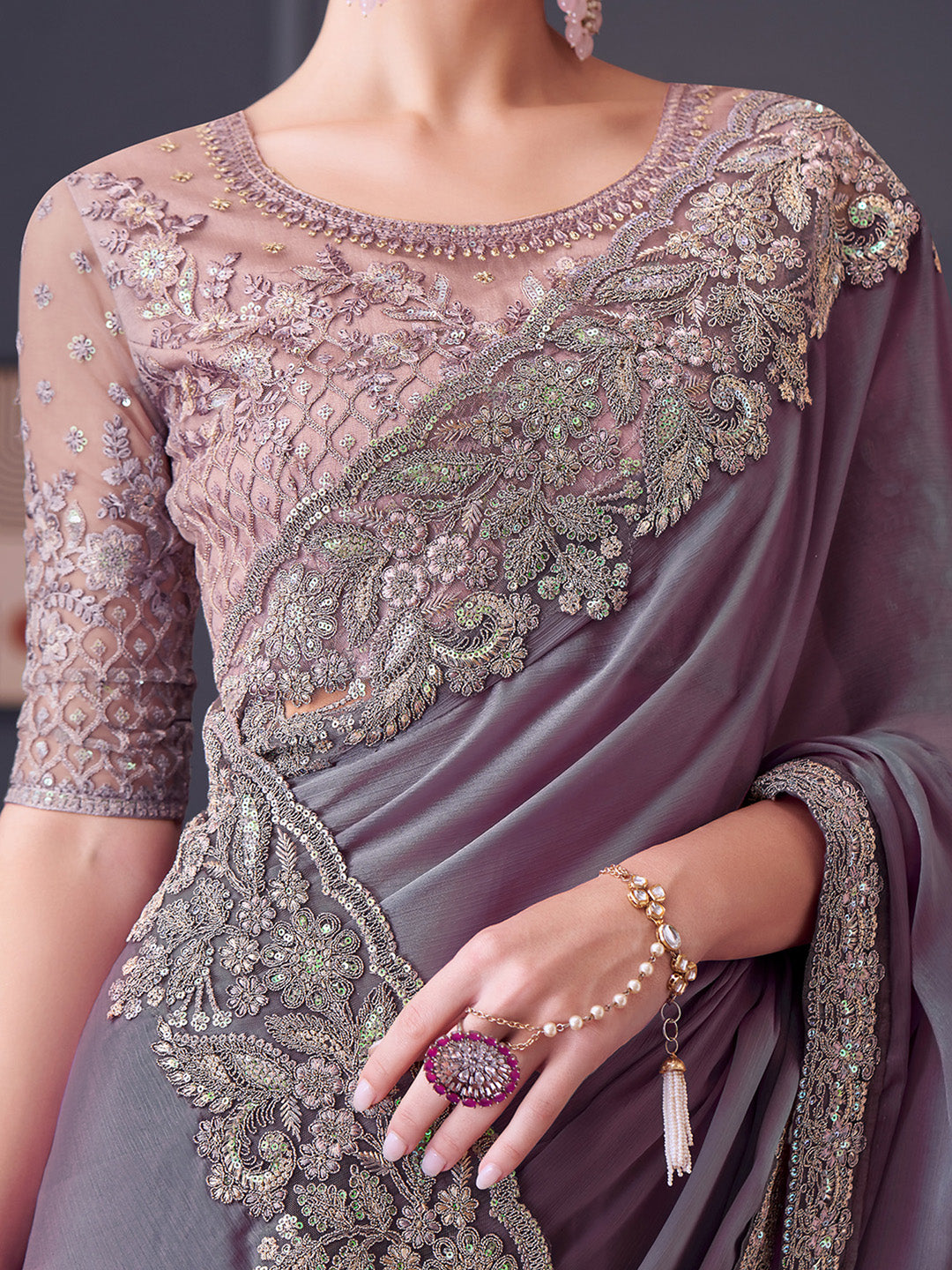 Pure Chiffon Mauve Embellished Designer Saree With Blouse
