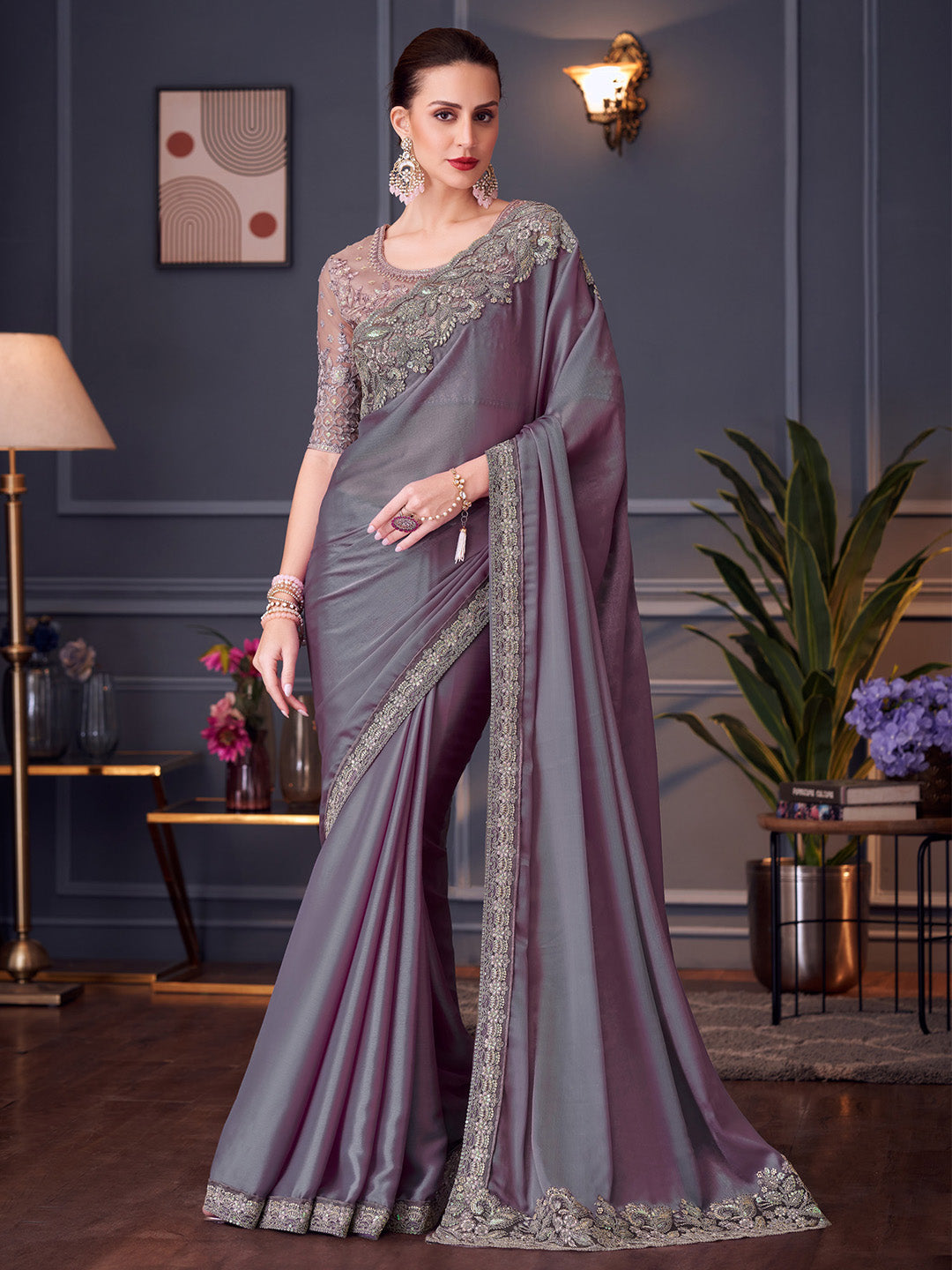 Pure Chiffon Mauve Embellished Designer Saree With Blouse