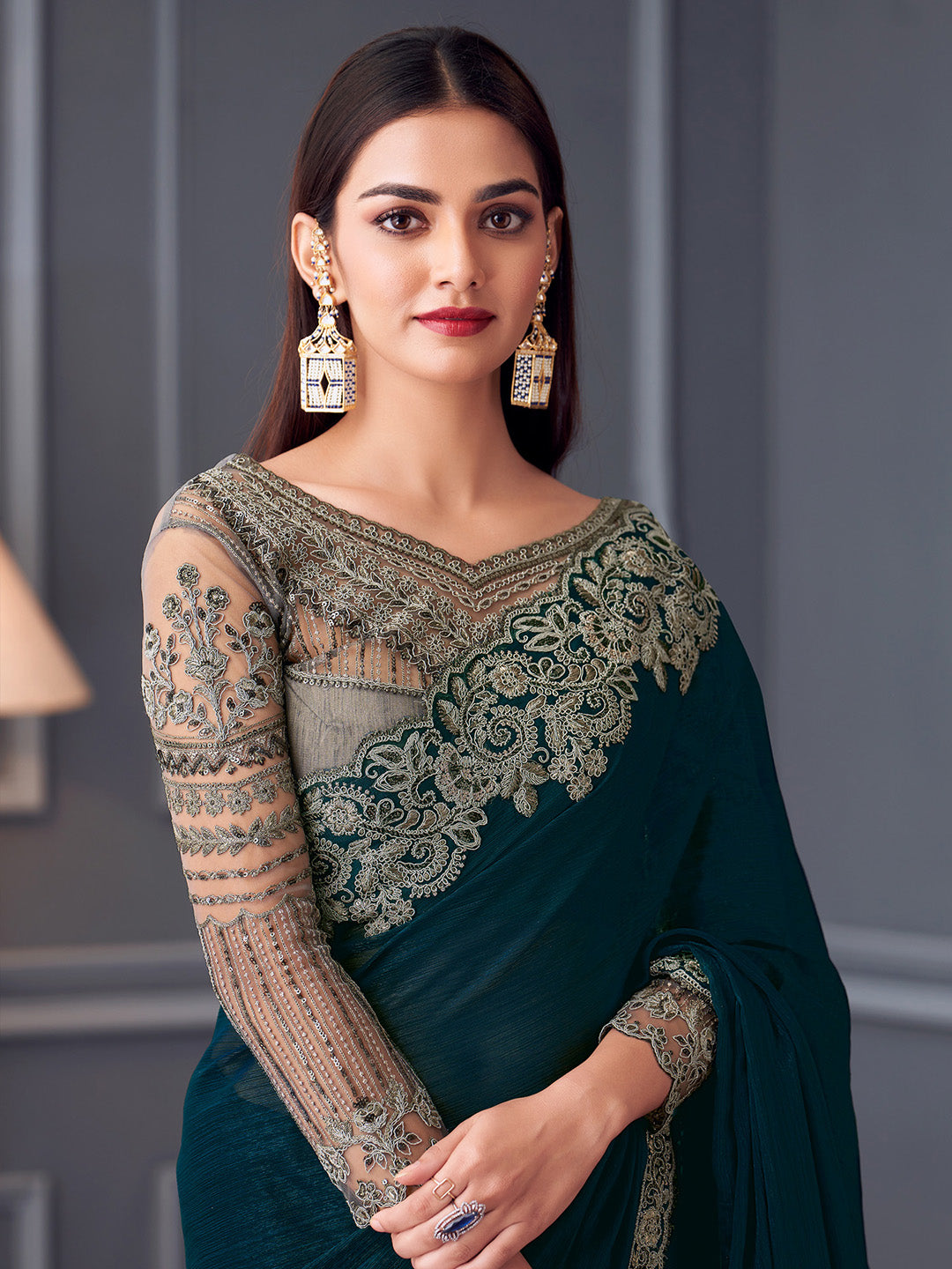 Pure Georgette Teal blue Embellished Designer Saree With Blouse