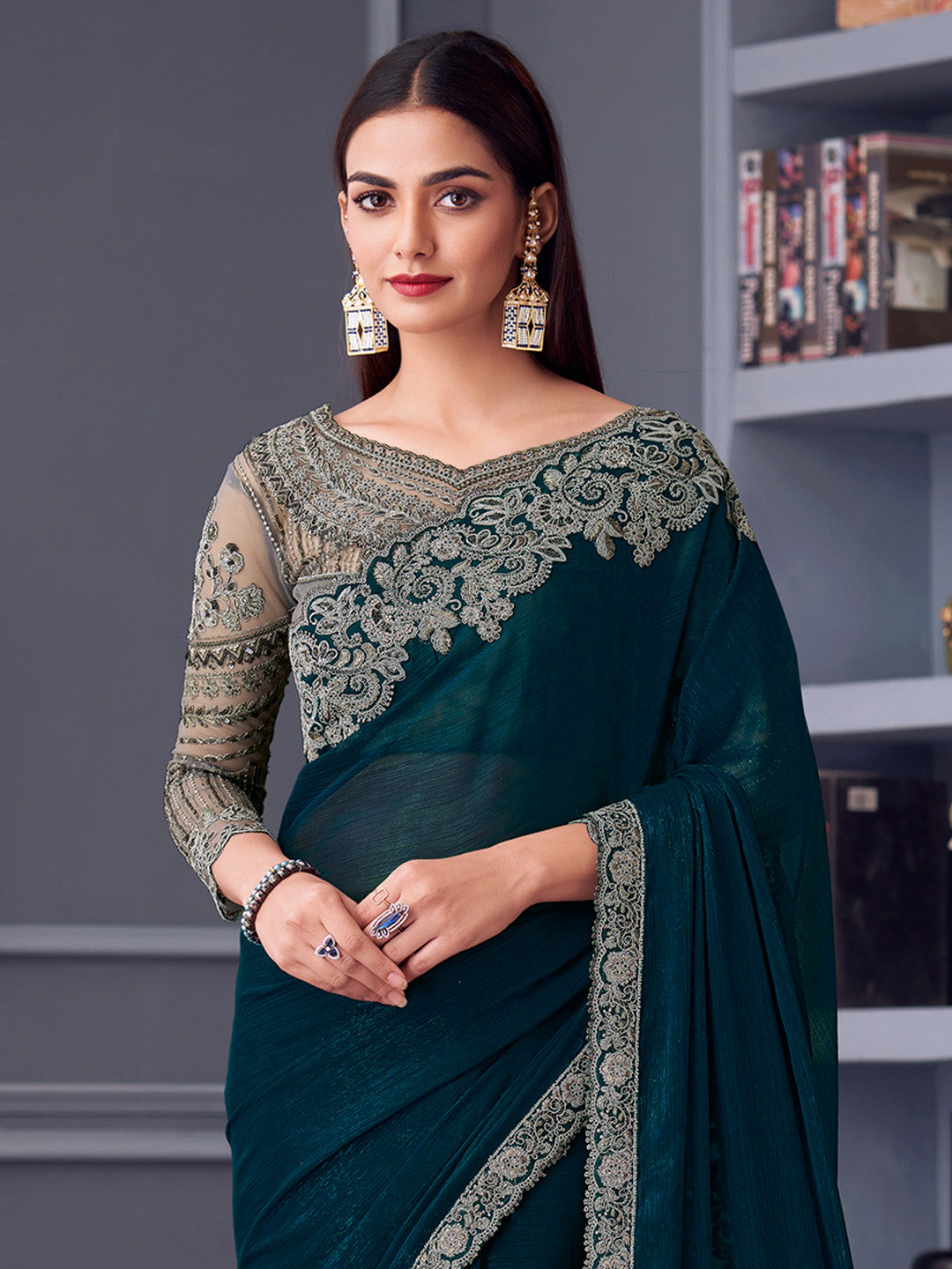 Pure Georgette Teal blue Embellished Designer Saree With Blouse