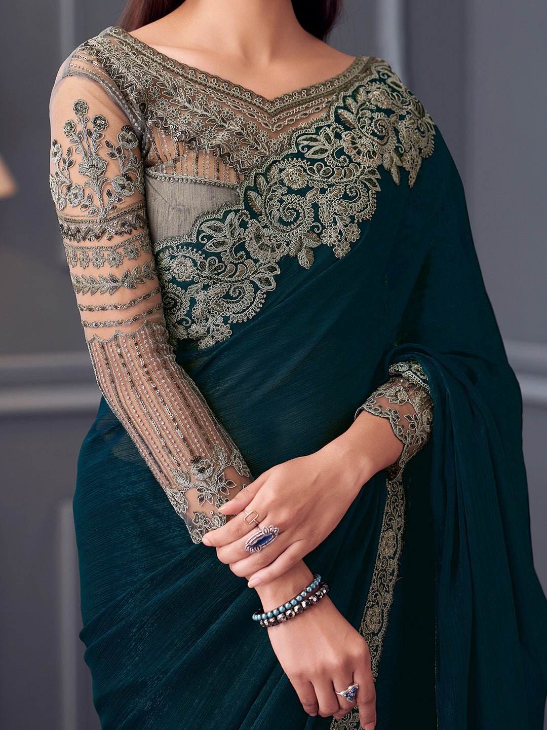 Pure Georgette Teal blue Embellished Designer Saree With Blouse