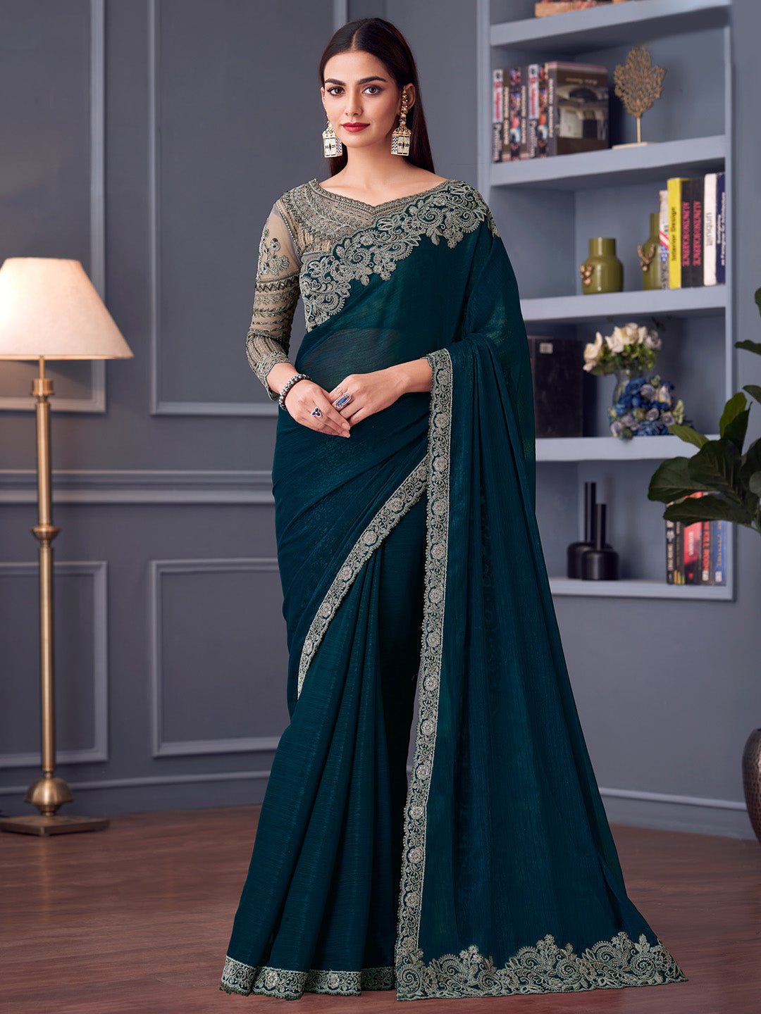 Pure Georgette Teal blue Embellished Designer Saree With Blouse
