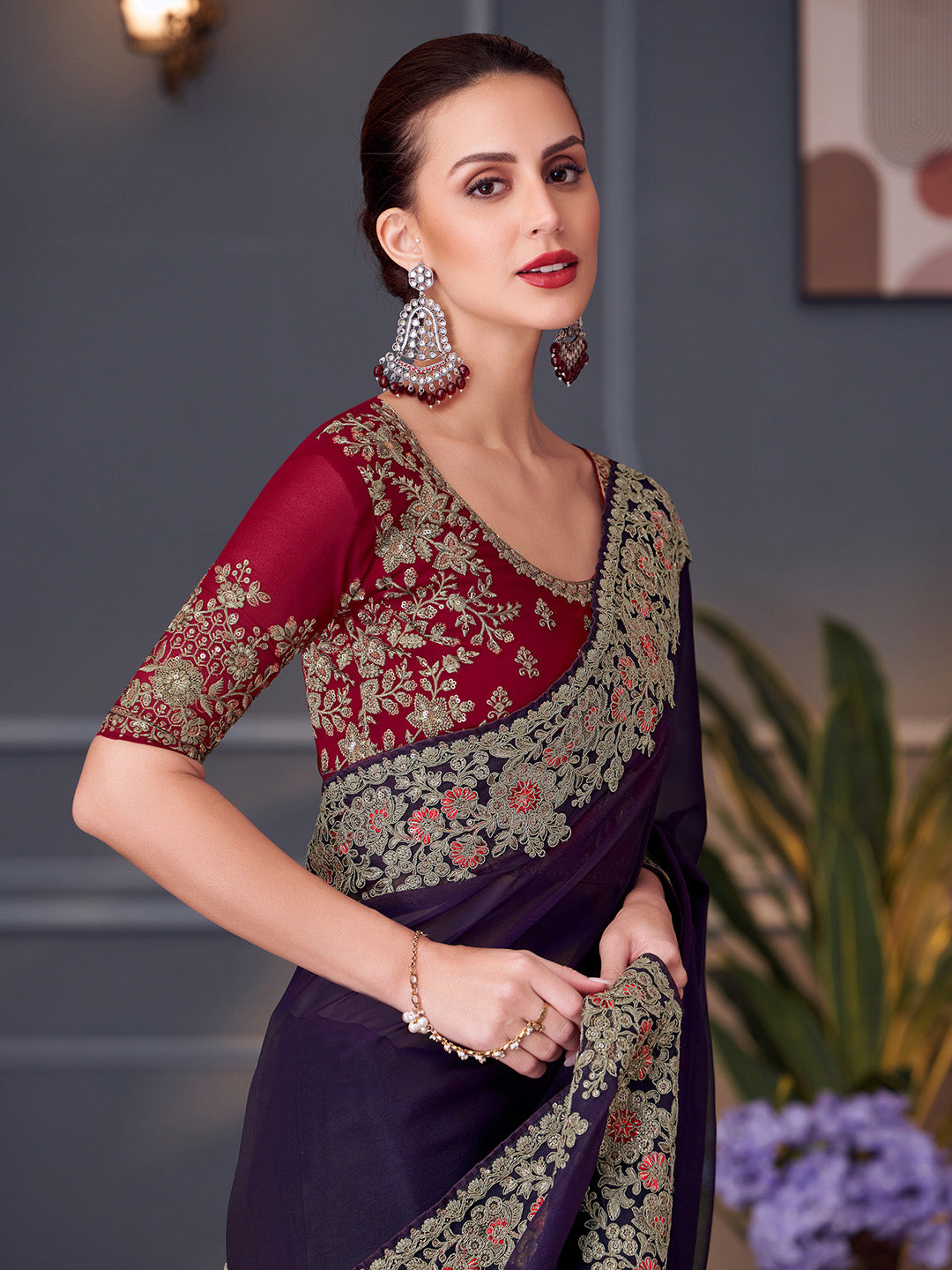 Pure Georgette Pink Embellished Designer Saree With Blouse