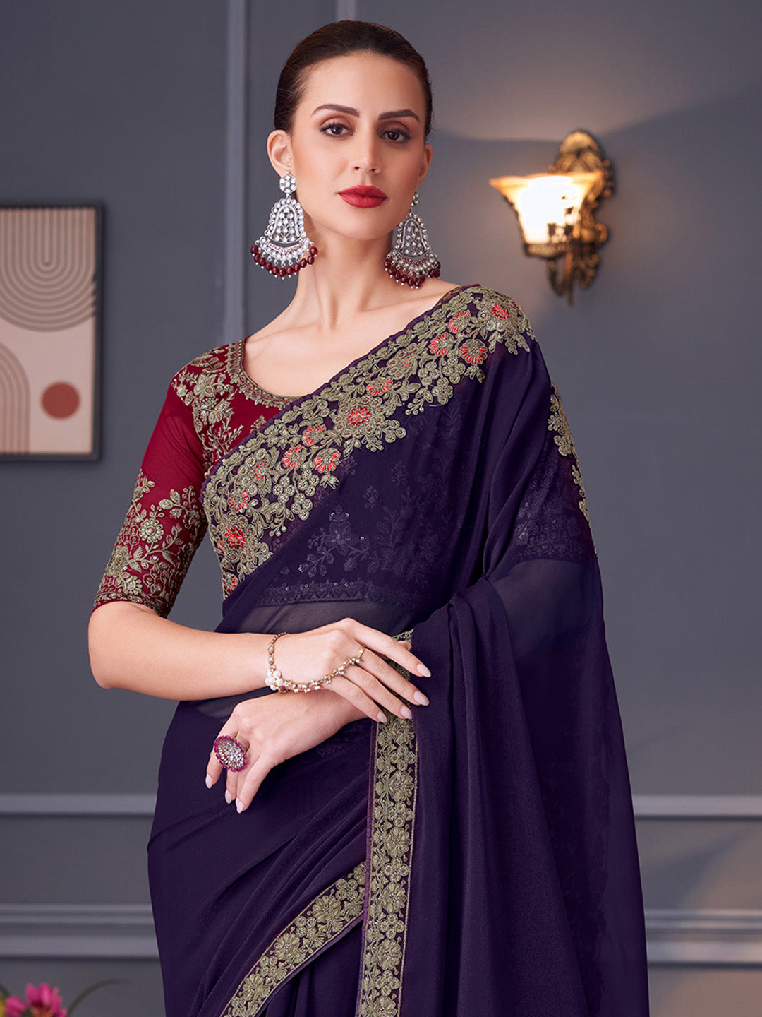 Pure Georgette Pink Embellished Designer Saree With Blouse